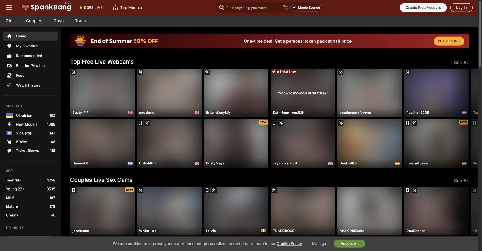 SpankBang Live home page with a live room counter, a half price token banner and rows of webcam tiles beside a filter rail carrying a count on every option
