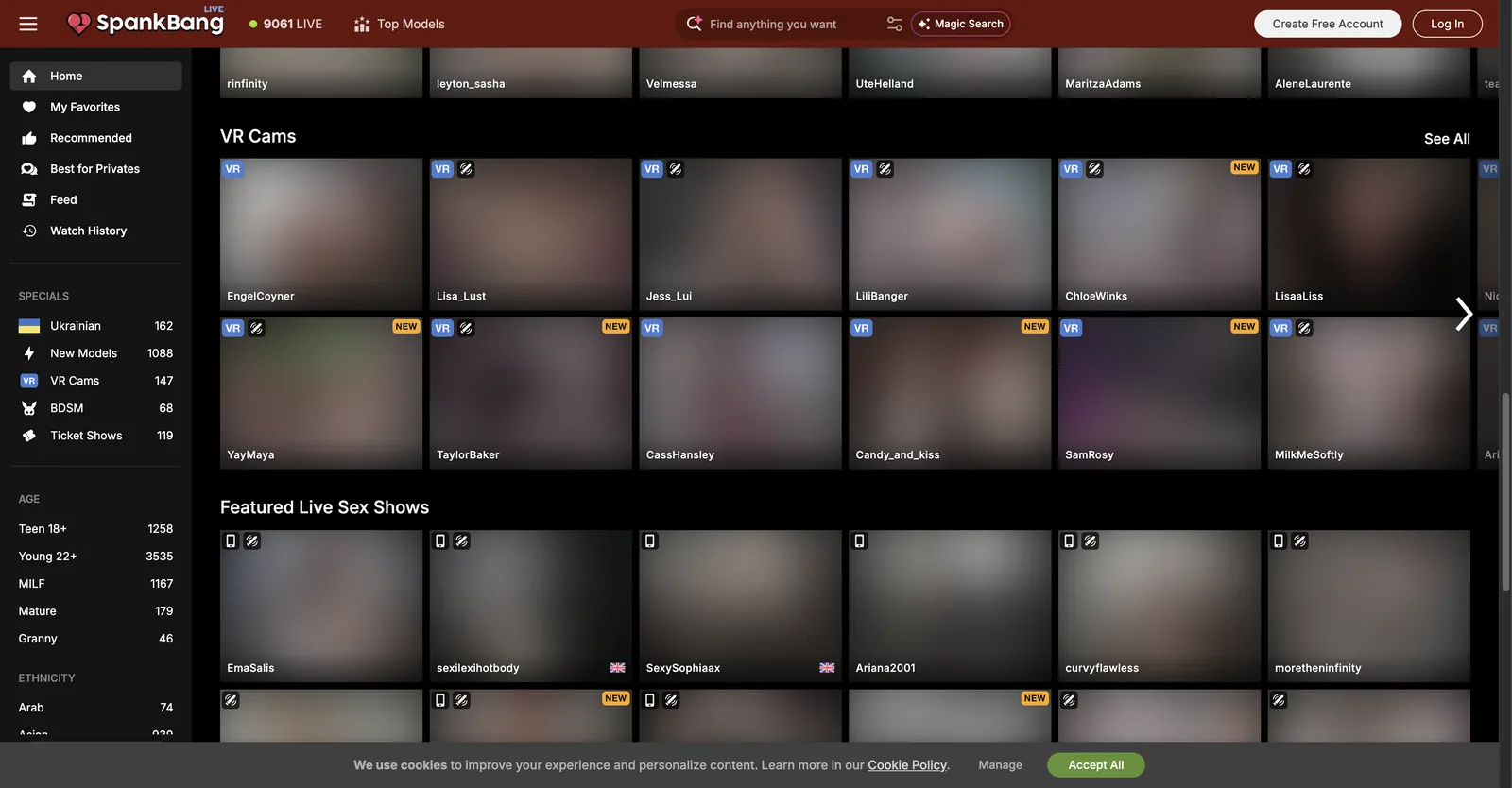 SpankBang Live home page organised into separate rows for top free webcams, couples, mobile, new and trending, VR cams and featured shows