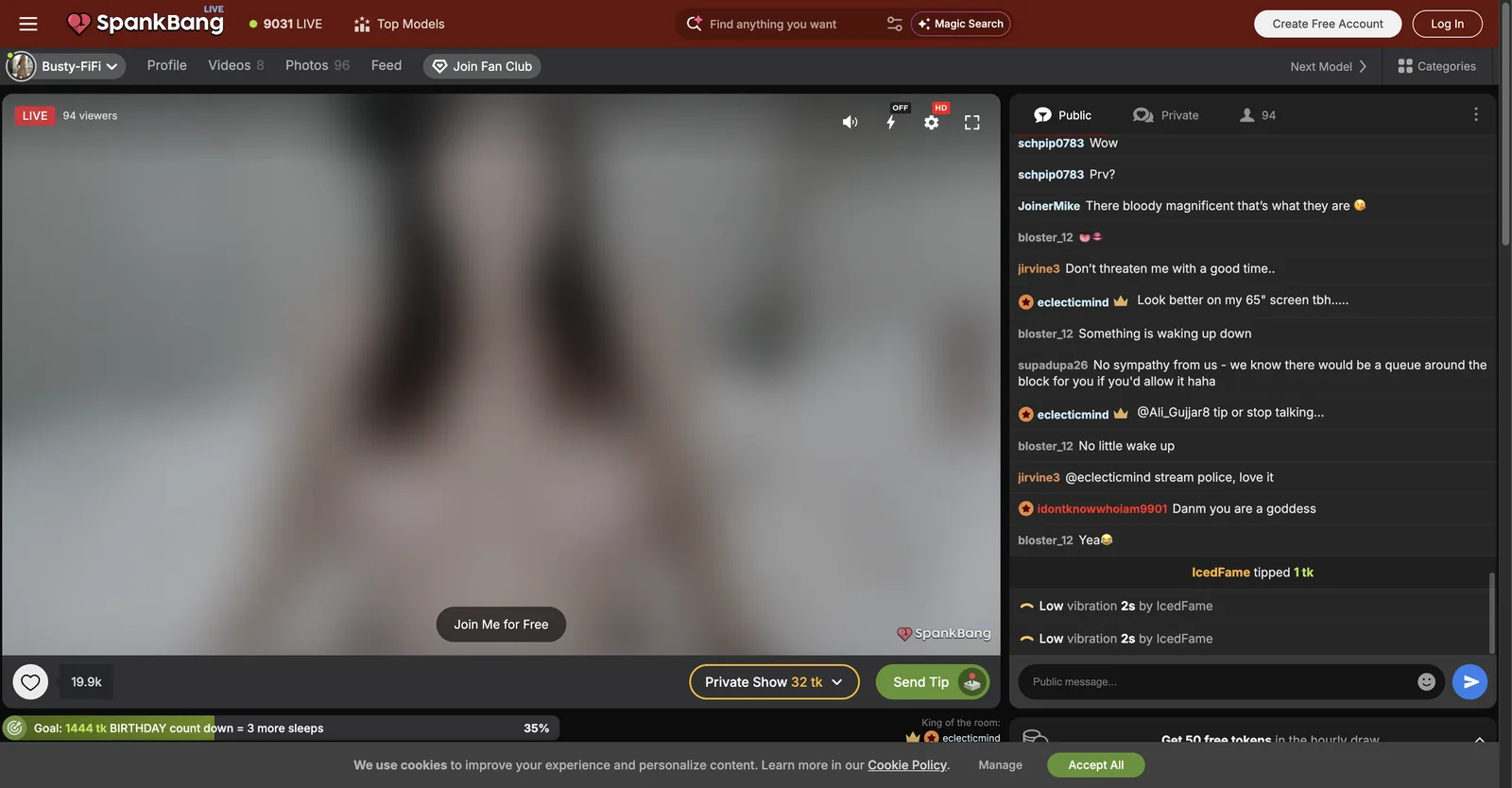 SpankBang Live room with the player on the left, chat on the right, a goal progress bar along the bottom and a private show price beside the tip button
