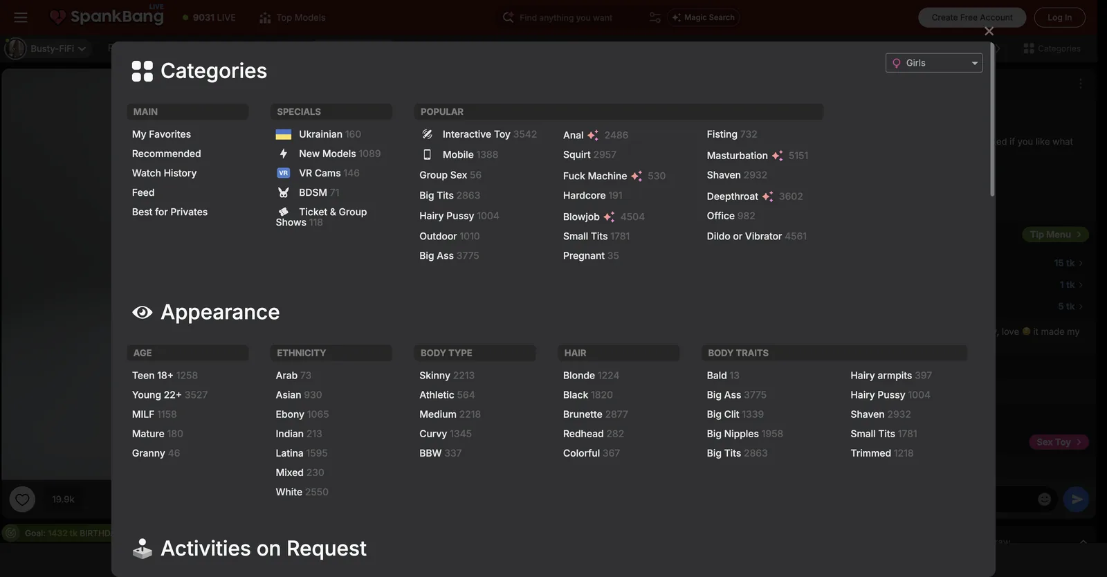 SpankBang Live full categories panel grouped into Main, Specials, Popular, Appearance and Activities on Request, with a live count beside every entry