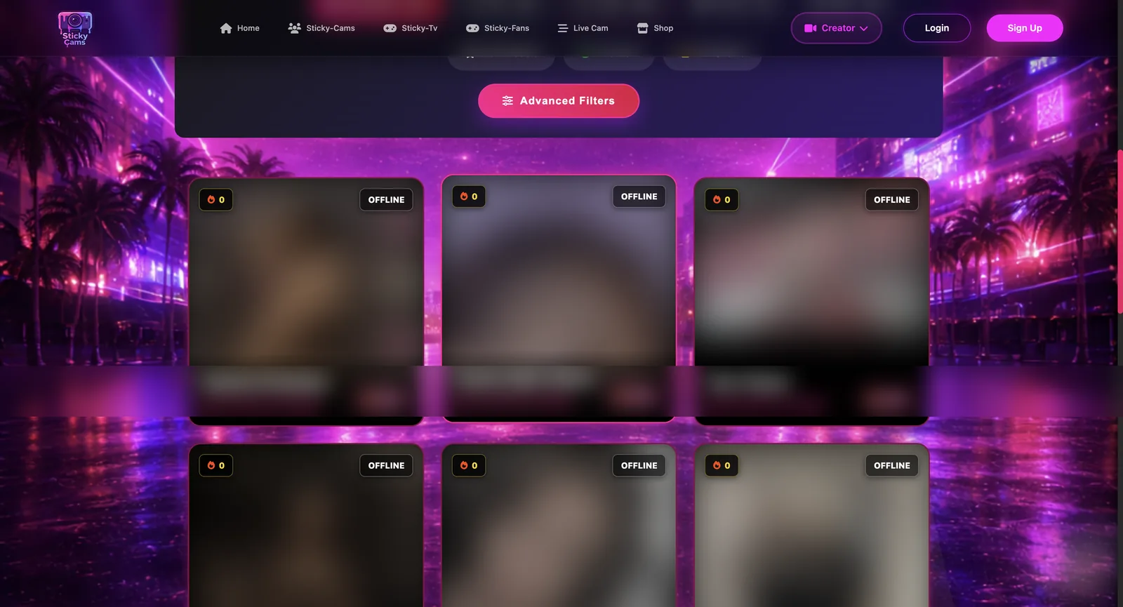 StickyCams browse grid where every card carries an offline badge, a heat counter reading zero and a new star, with the display name row obscured
