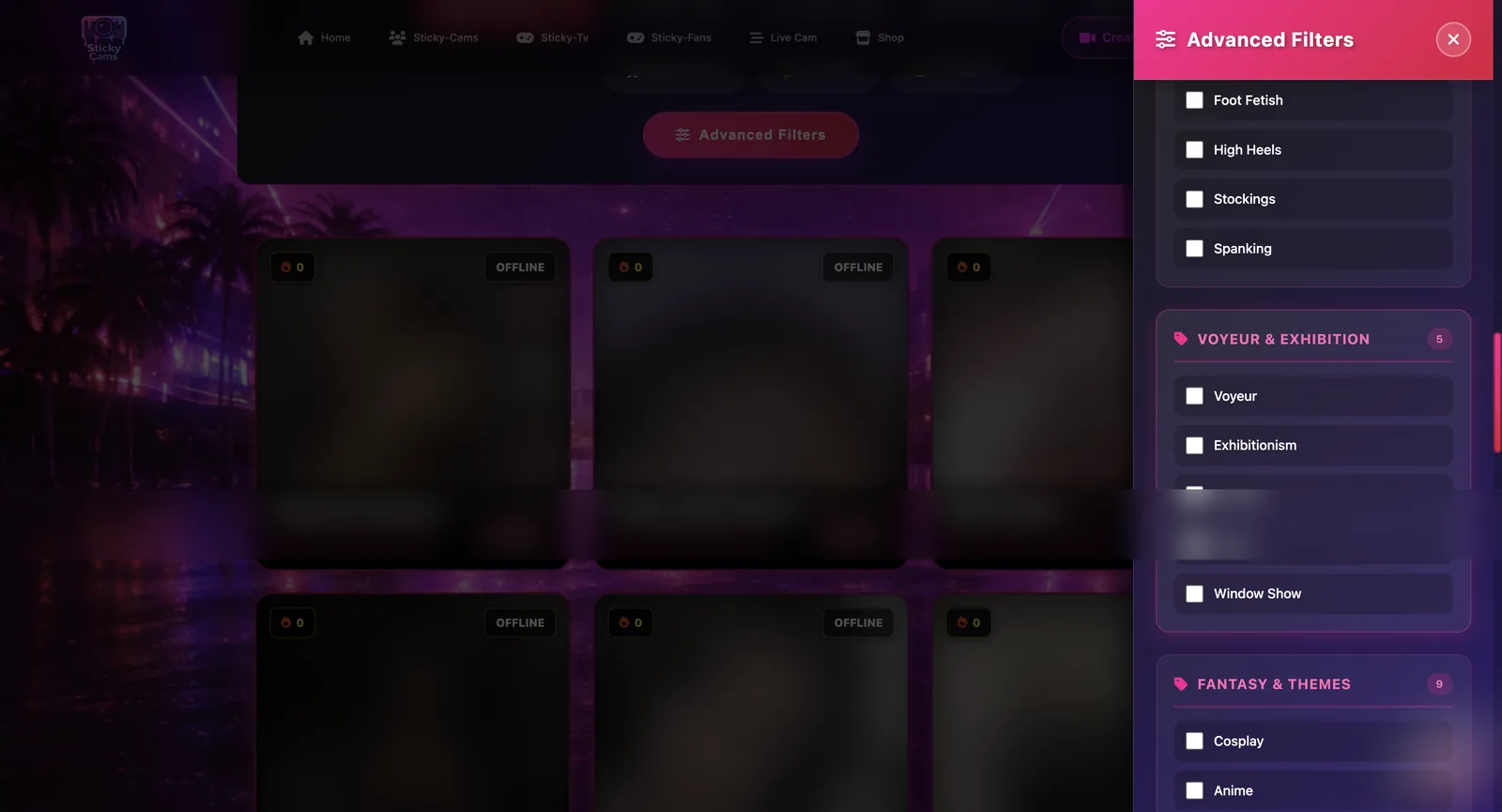 StickyCams advanced filters drawer open over the browse grid, showing labelled filter groups for fetish and kink, voyeur and exhibition and fantasy and themes, each with a tag count and individual checkboxes