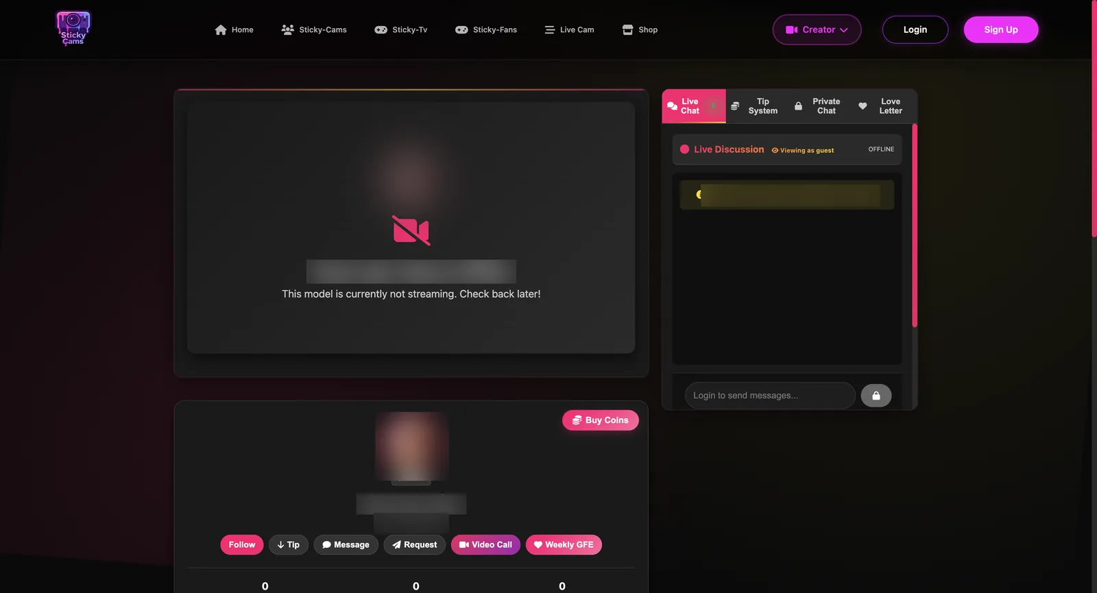 StickyCams profile page marked offline with the display name and avatar obscured, showing follow, tip, message, request, video call and weekly subscription buttons, tabs for live chat, tip system, private chat and love letter, and counters all reading zero