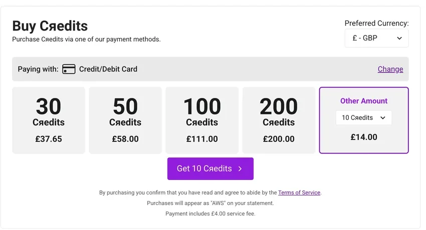 AWLive buy credits page listing credit packages with prices in pounds sterling and a disclosed service fee