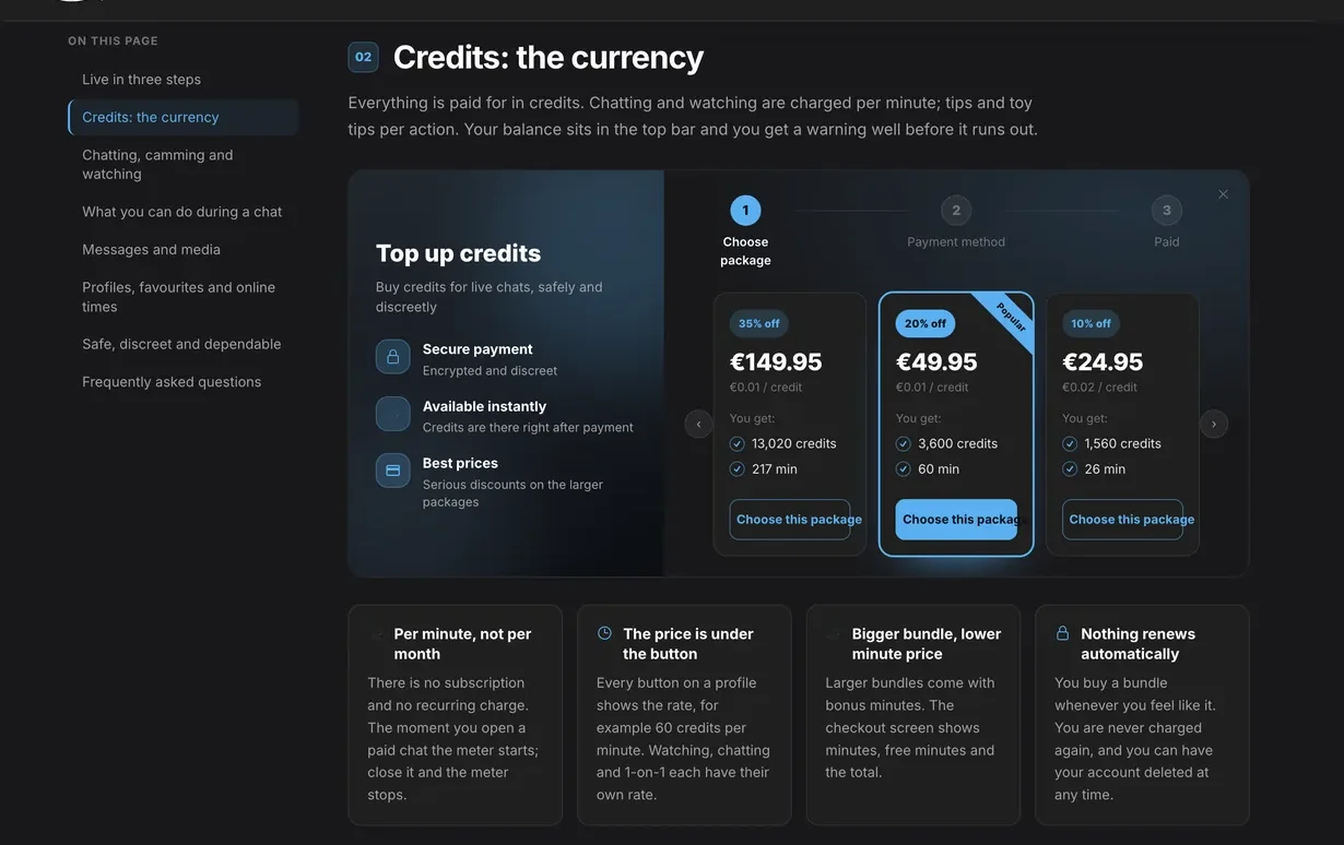 IsLive credits page listing three bundles with euro prices, credit totals, equivalent minutes and discount percentages, beside panels explaining per-minute billing