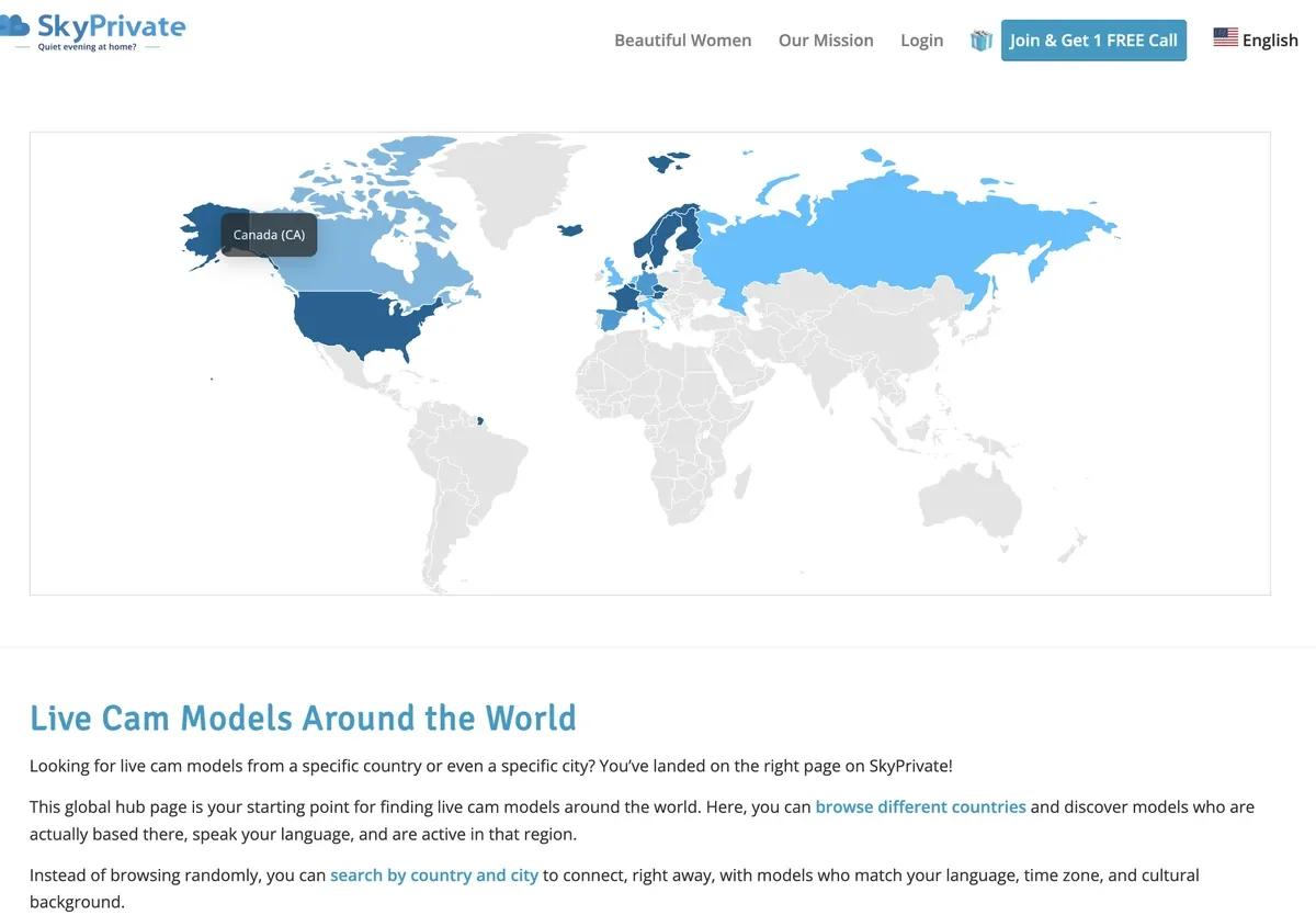SkyPrivate locations hub page with a world map highlighting countries where models are based