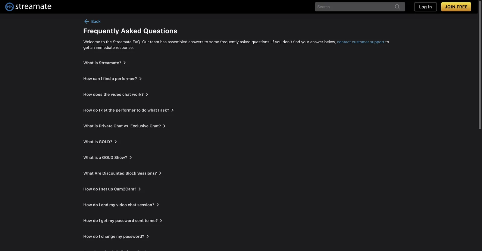 Streamate FAQ page listing entries including what is GOLD, what is a GOLD show, what are discounted block sessions and what is private chat versus exclusive chat