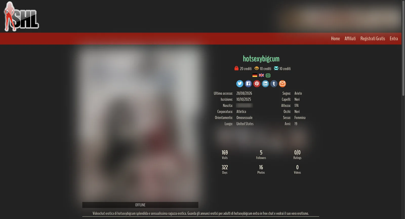 StudioHotline profile page showing priced actions at twenty and ten credits, a structured field list covering build, orientation, location, star sign, hair, height, eyes, gender and age, and counters for visits, followers, ratings, days, photos and videos