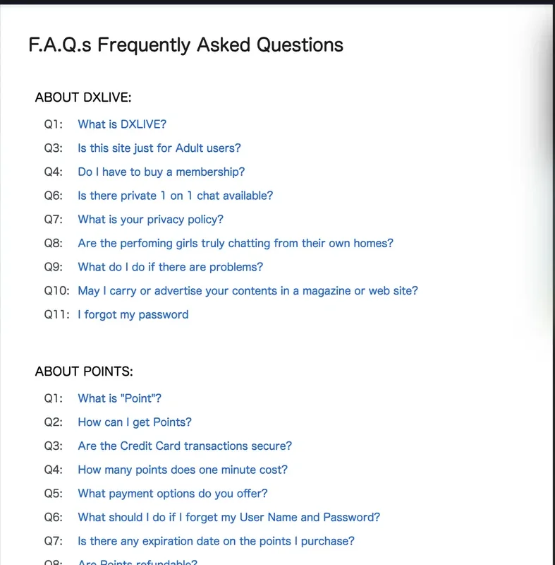 DxLive public FAQ listing questions about the service and about points, including how many points one minute costs and whether points are refundable
