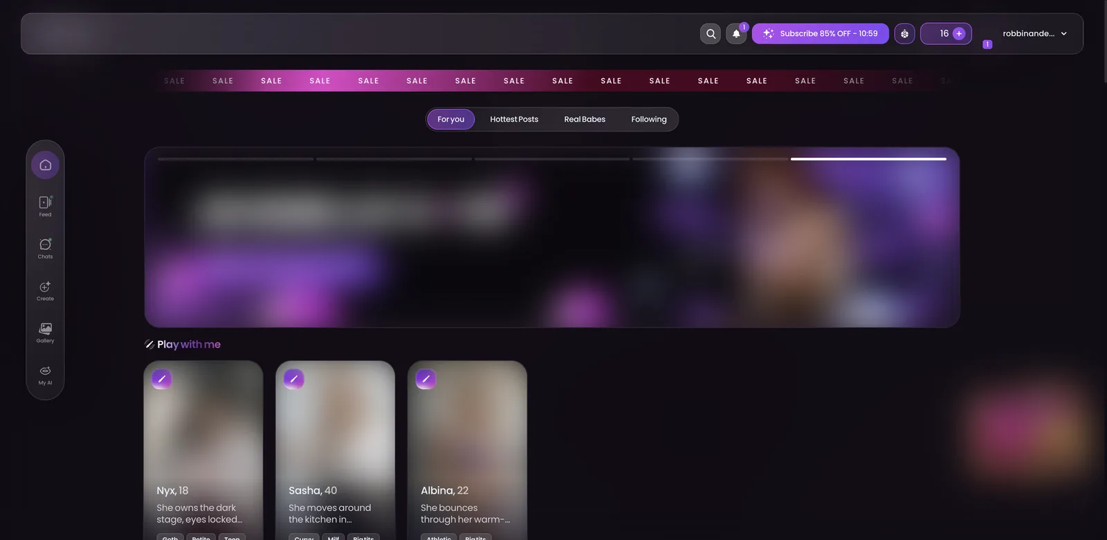 Swipey AI home page with the For you feed tabs, Discord reward banner and character cards