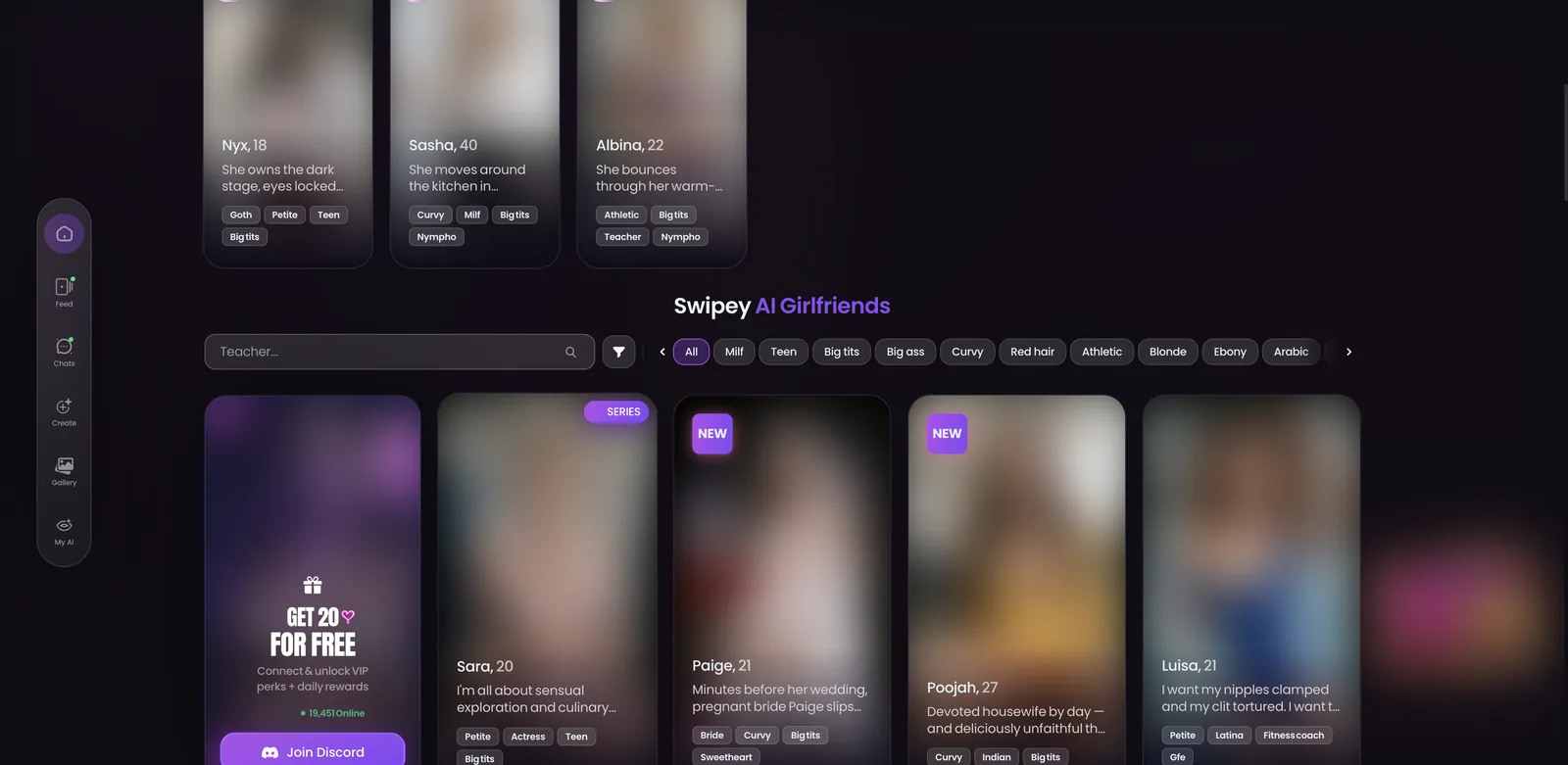 Swipey AI character roster with category filters and NEW and SERIES badges