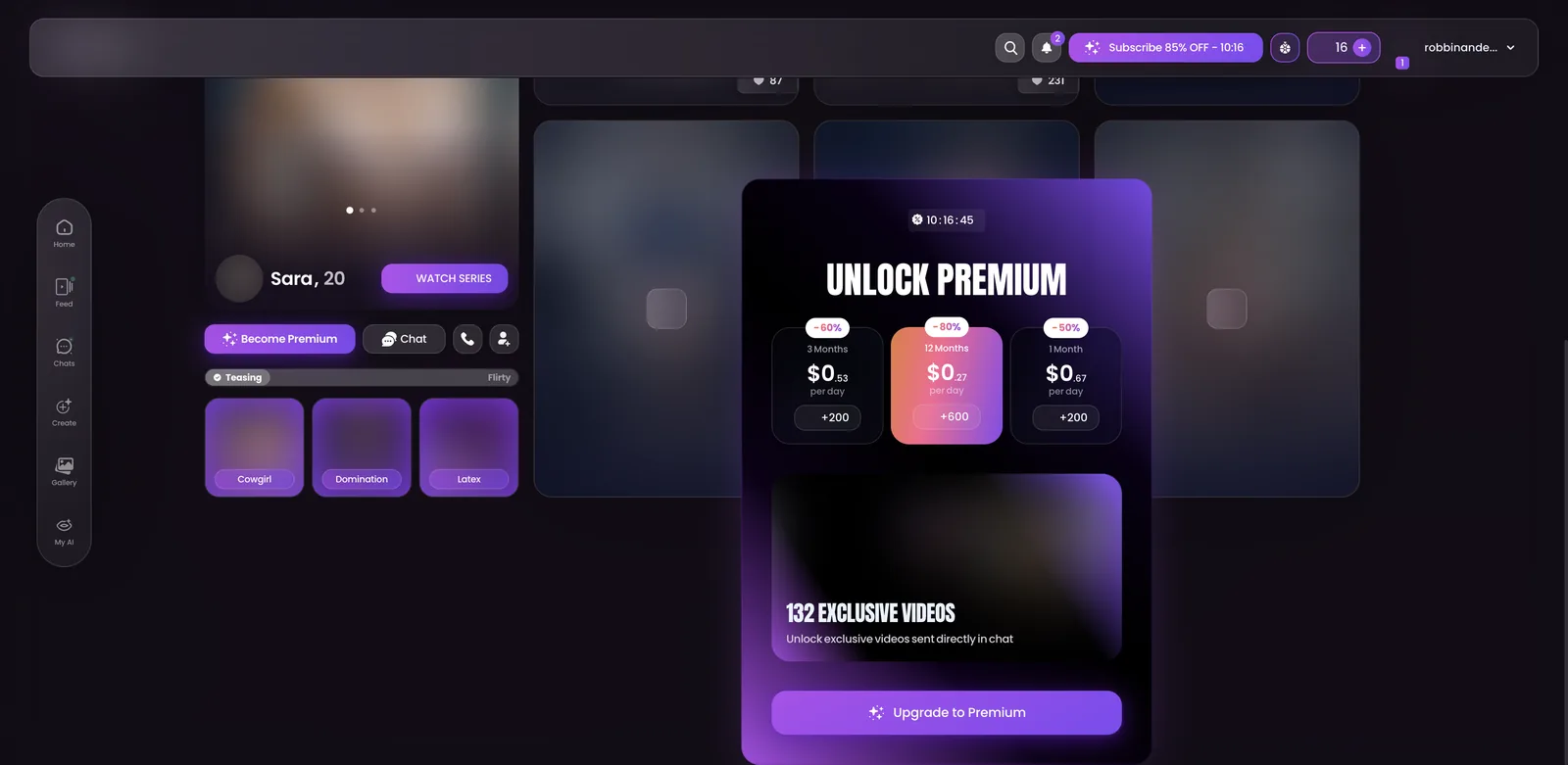 Swipey AI unlock premium panel with a countdown timer and exclusive photo and video claims