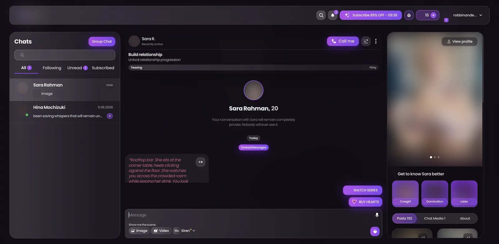 Swipey AI chat interface with build relationship bar, gift amounts and image and video composer buttons