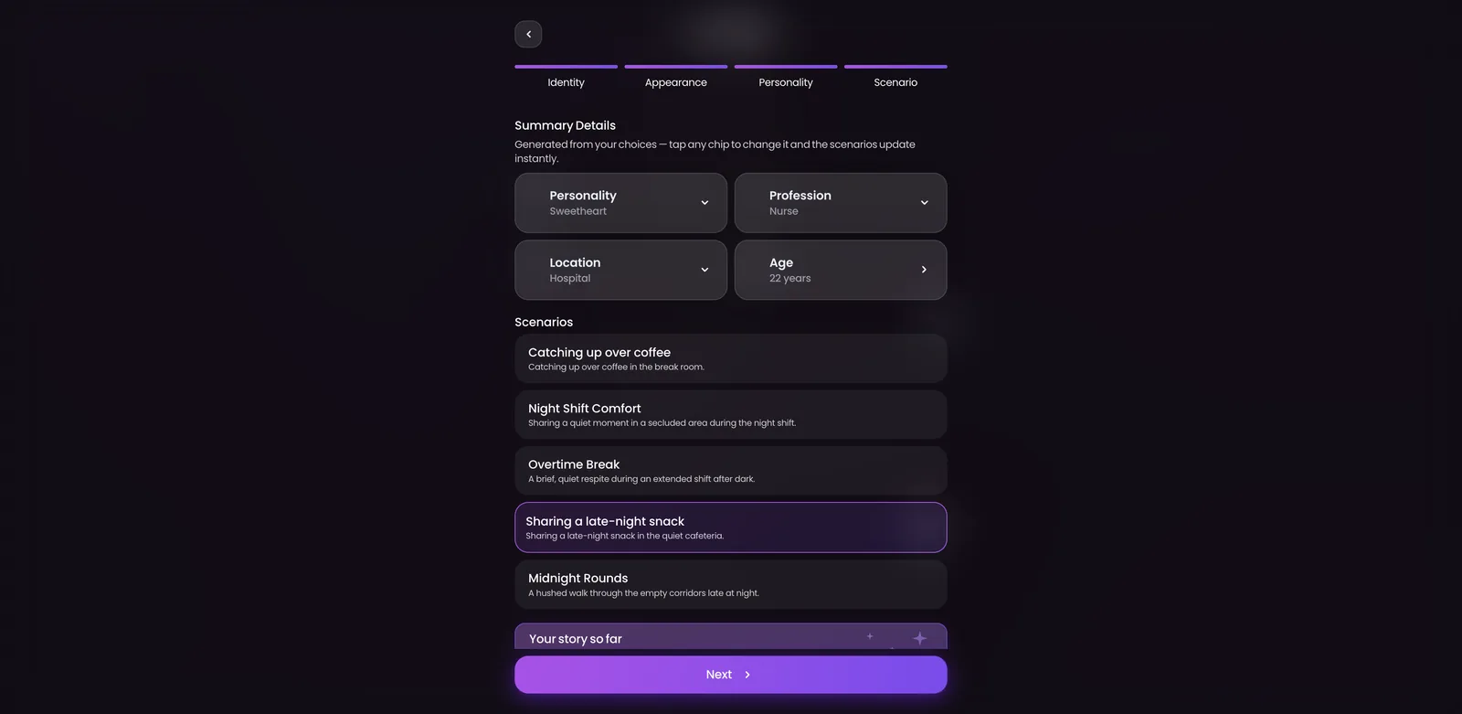 Swipey AI scenario generator producing five opening scenarios from editable personality, profession, location and age chips