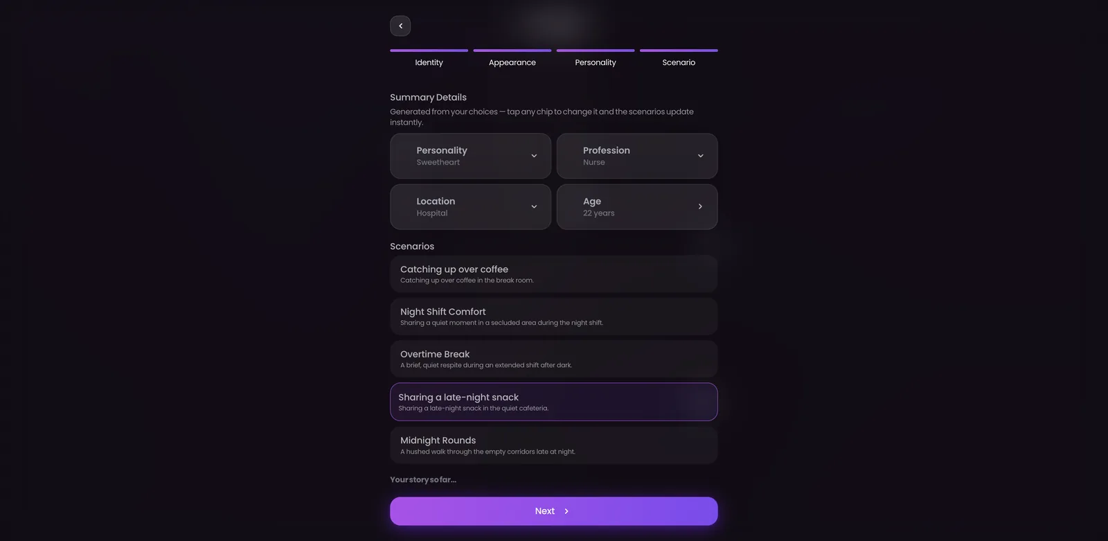 Swipey AI character builder summary screen showing all choices and a create cost of 15 hearts