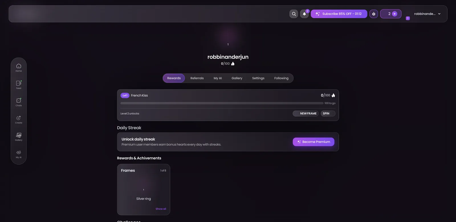 Swipey AI rewards page showing level one French Kiss, collectible frames, daily streak and challenges