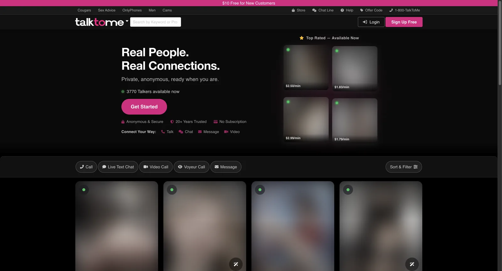 TalkToMe home page showing a count of 3770 talkers available now, connection options for talk, chat, message and video, and a top rated row where every masked tile carries a dollar per minute rate