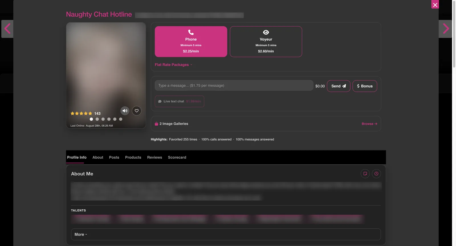 TalkToMe profile showing phone at two dollars twenty five per minute and voyeur at two dollars sixty per minute with five minute minimums, a per message price, a live text chat rate, and highlights reading one hundred percent calls answered and one hundred percent messages answered