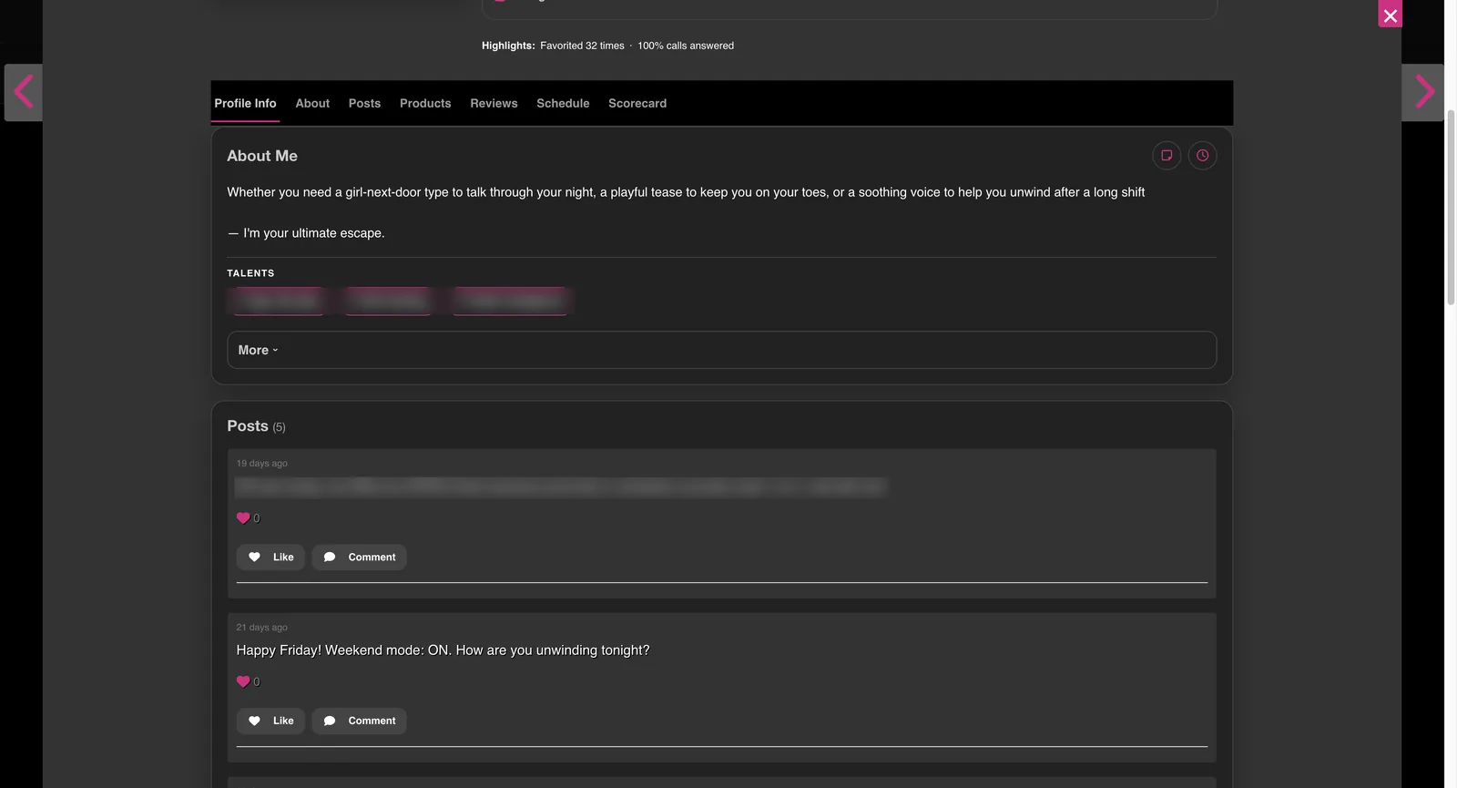 TalkToMe profile tabs for profile info, about, posts, products, reviews, schedule and scorecard, above an about section and a dated posts feed