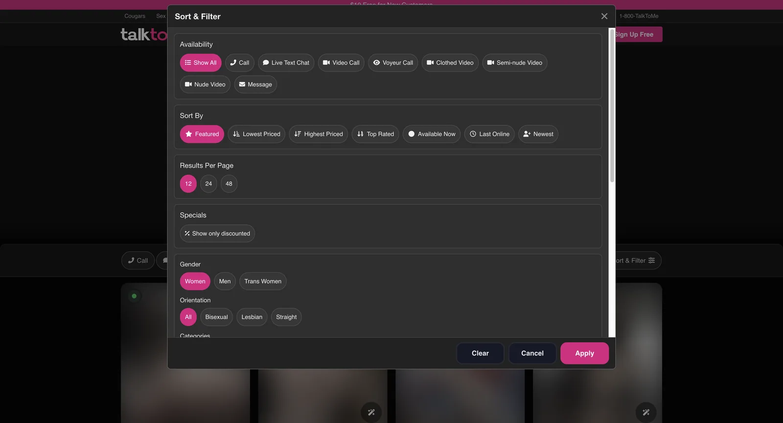 TalkToMe sort and filter panel offering availability by call, text, video, voyeur and clothing tier, sort options including lowest priced and highest priced, a show only discounted toggle, and gender and orientation filters