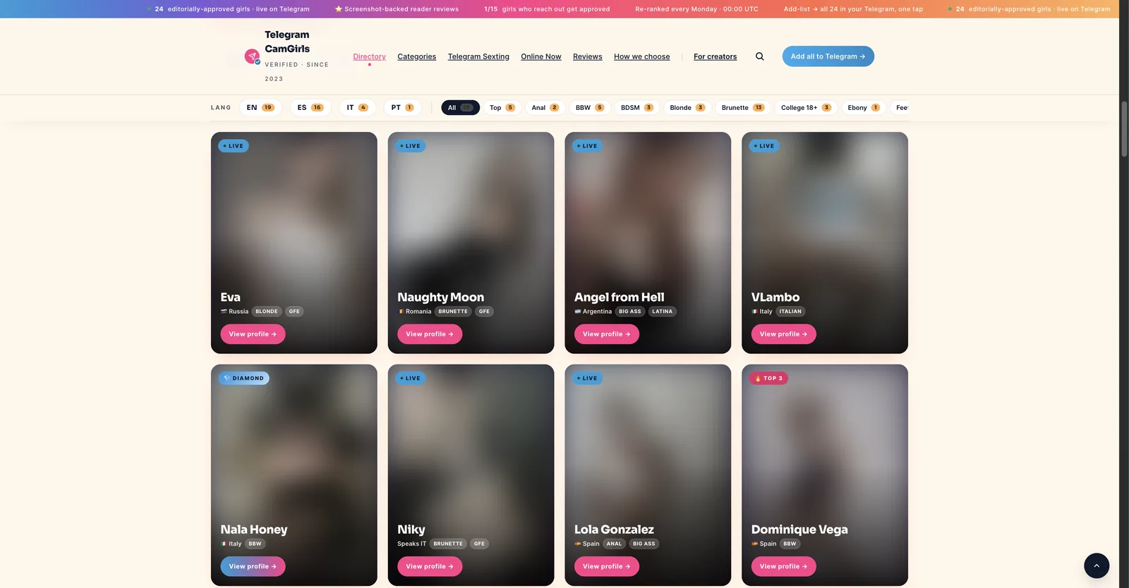 Telegram Camgirls directory grid with language and category filter chips above tiles showing country, tags and a live badge