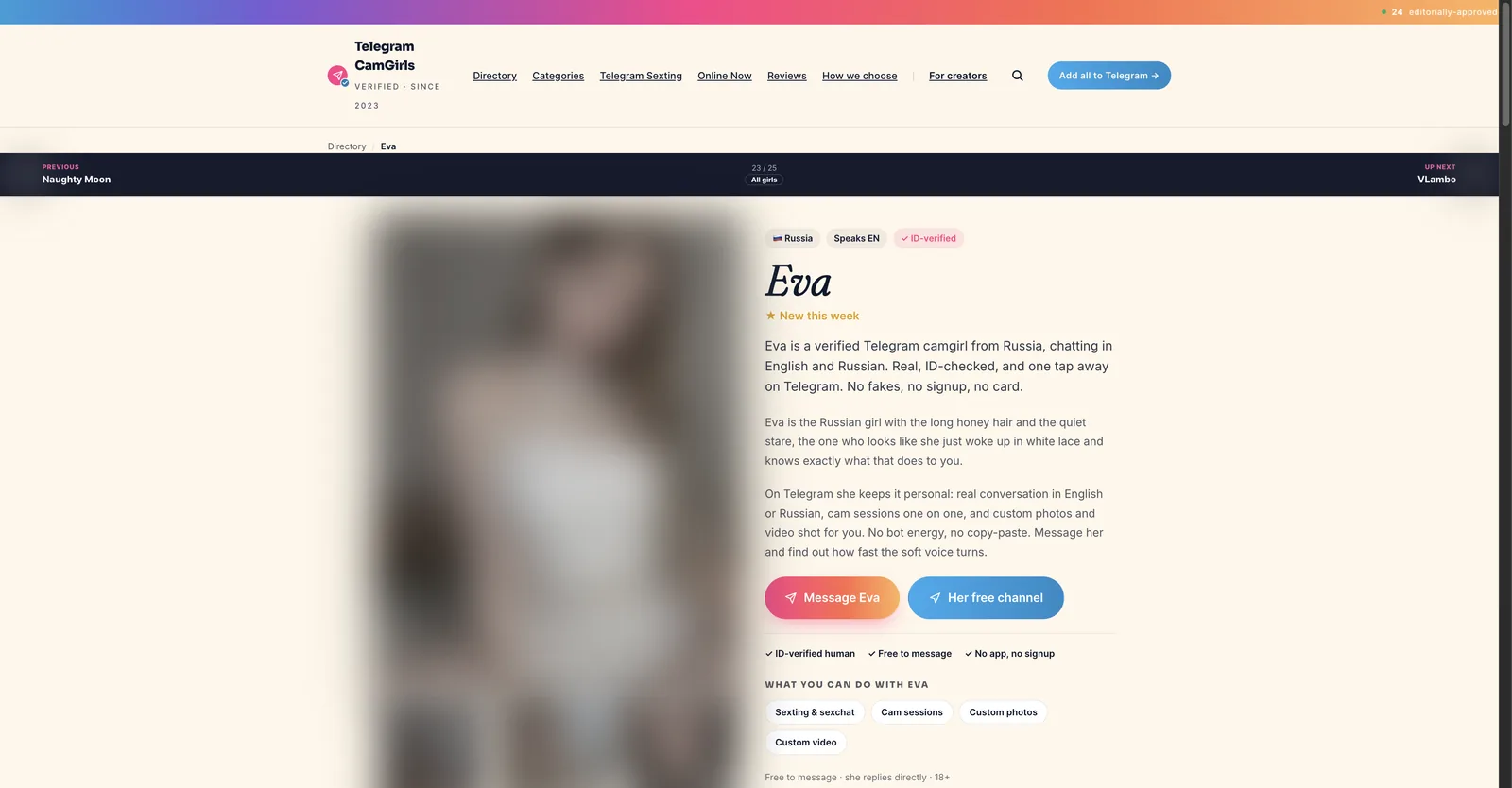 Telegram Camgirls creator profile page showing country and language badges, an ID-verified tag, message buttons and a position counter reading 23 of 25