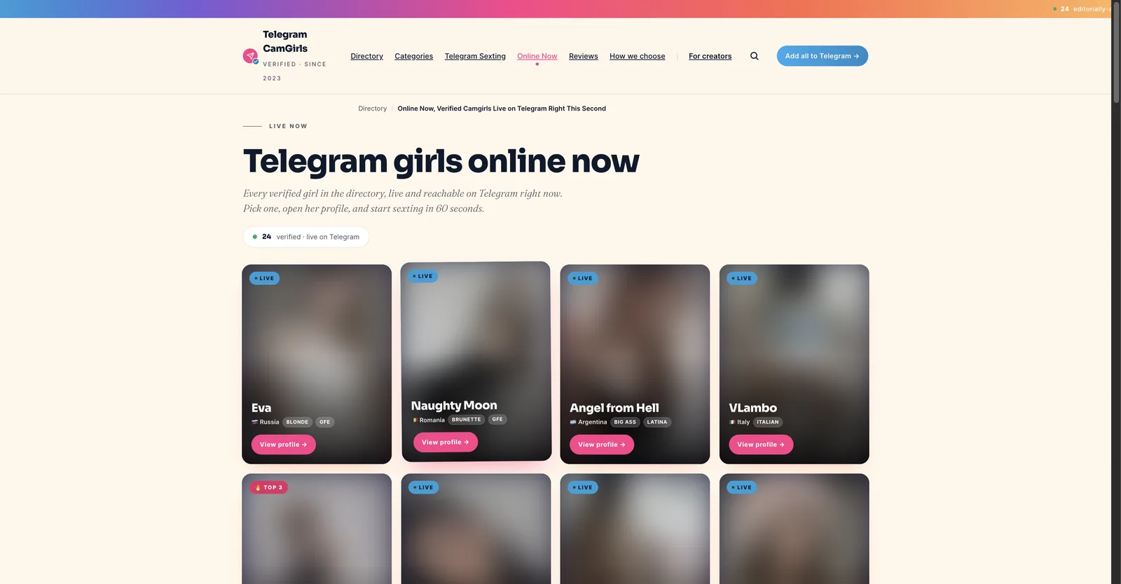 Telegram Camgirls Online Now page showing the full directory grid with a live badge on nearly every tile