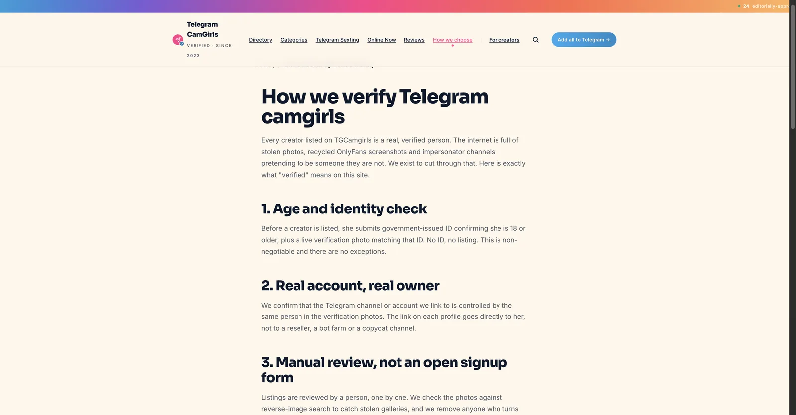 Telegram Camgirls How We Verify page listing the age and identity check, account ownership check and manual review steps