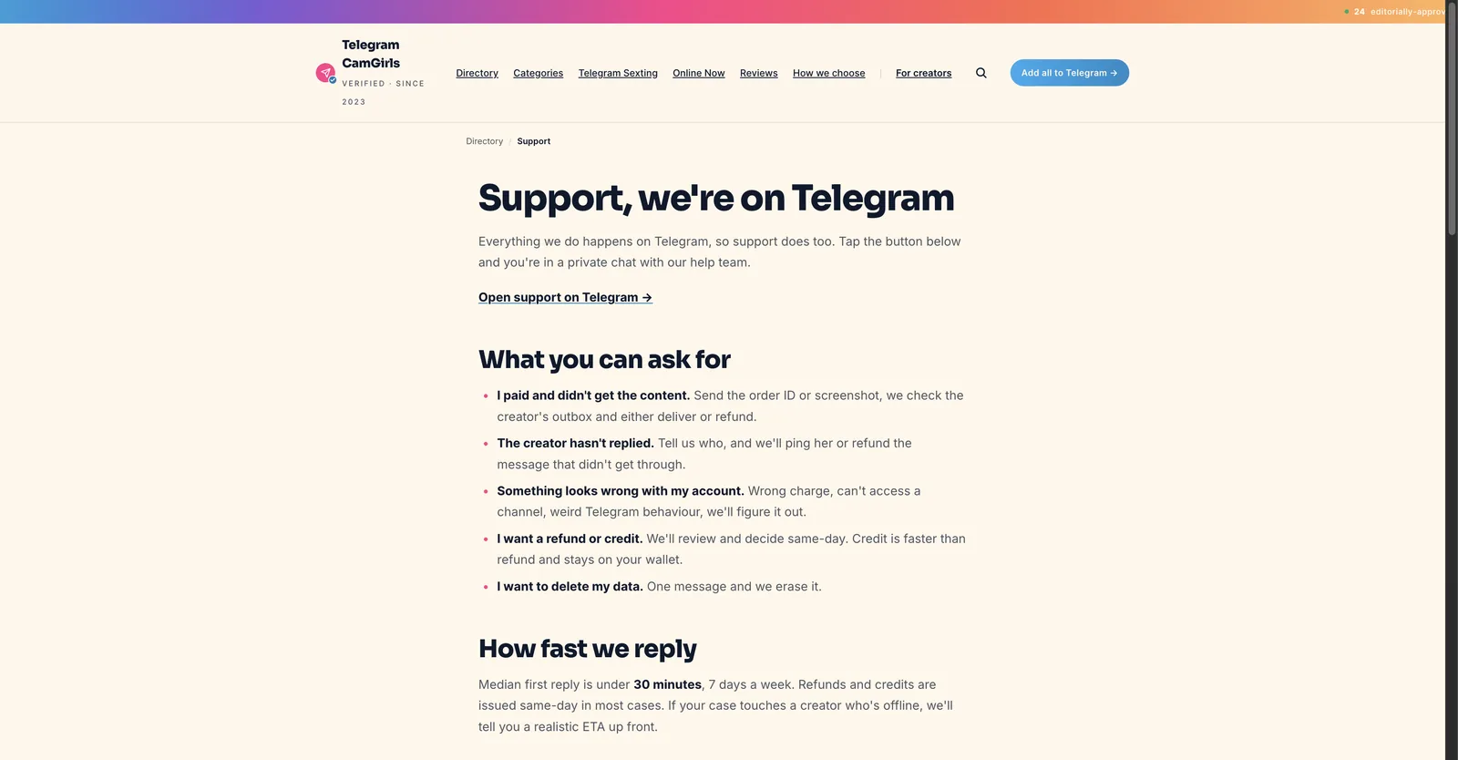 Telegram Camgirls support page listing what you can ask for, including order IDs, wrong charges, refunds and credit held on a wallet