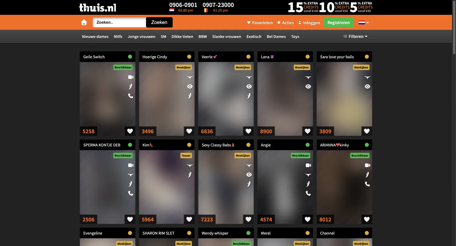 Thuis.nl home page grid of masked performer tiles, each carrying a status label reading available, watch or teaser, a numeric performer ID and small icons showing which services that performer offers