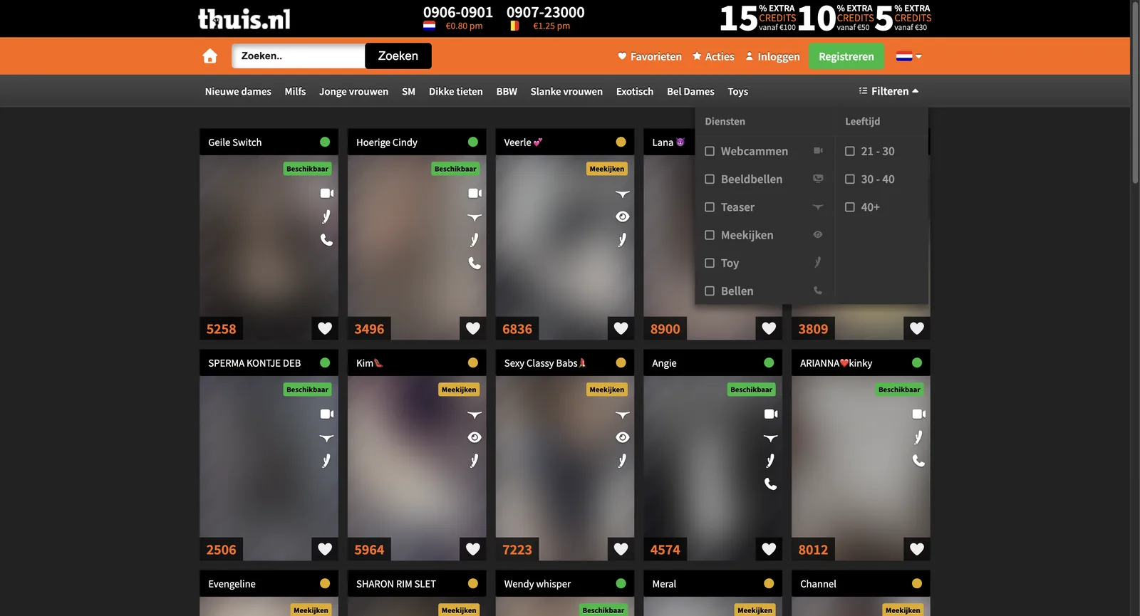 Thuis.nl filter panel open over the roster grid, offering service filters for webcam, video call, teaser, watch mode, toy and phone, alongside three age bands