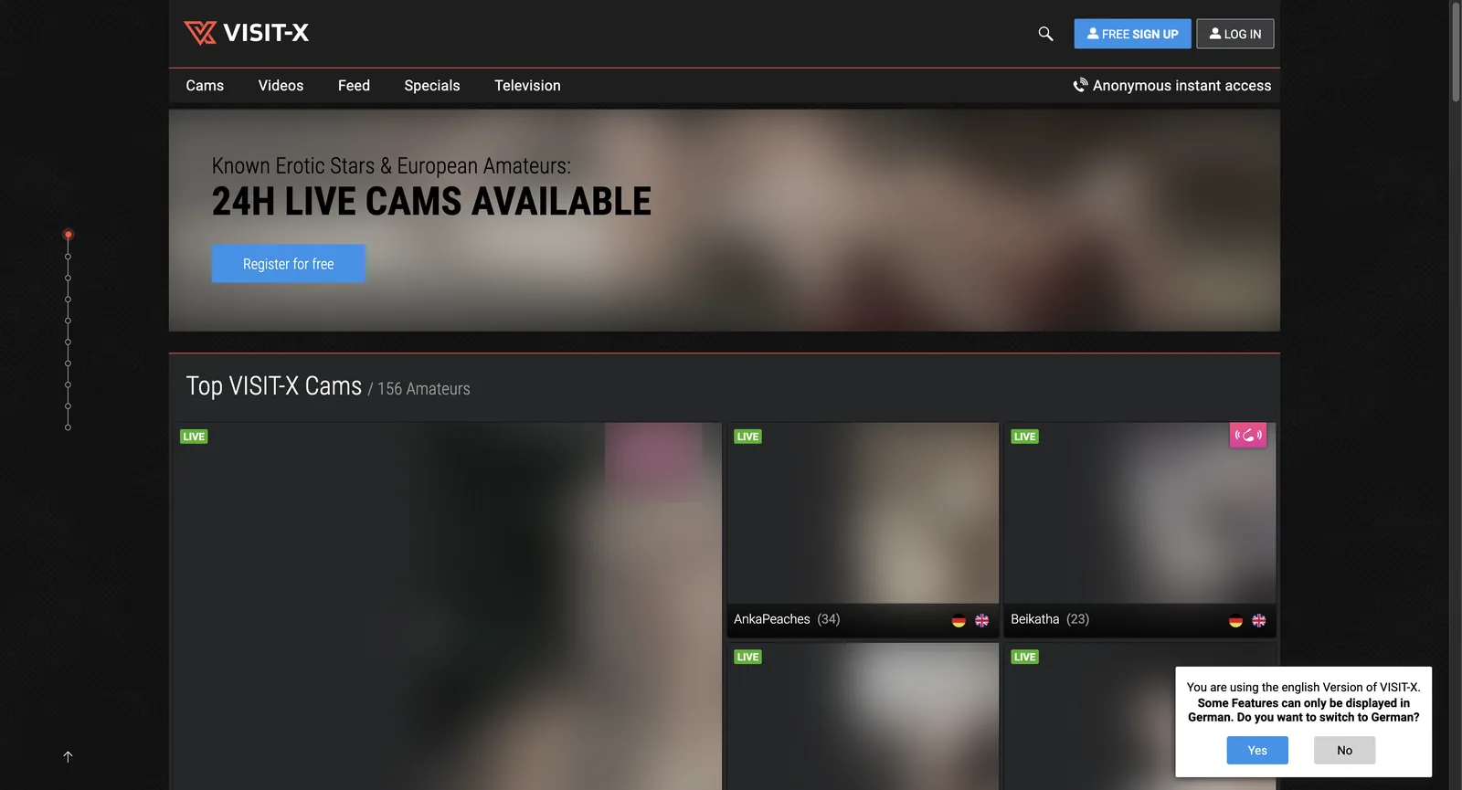 Visit-X home page headed twenty four hour live cams available, with a Top Cams section listing 156 amateurs and a grid of masked tiles each carrying a live badge, an age and small national flags for spoken languages