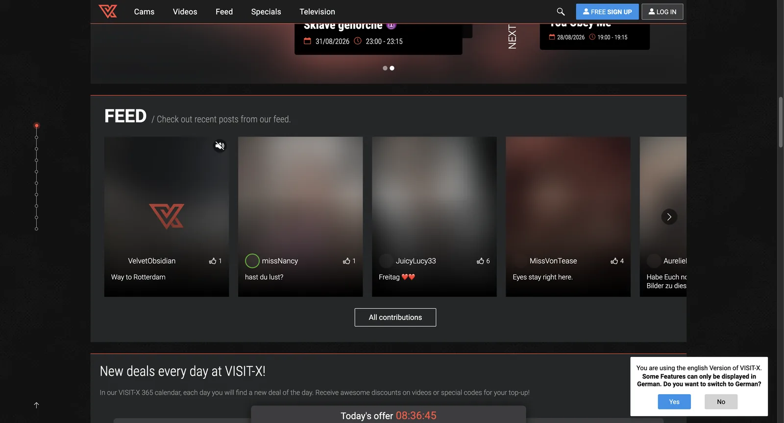 Visit-X feed section showing recent performer posts with like counts, above a scheduled cam show carousel listing show titles with dates and time windows, and a daily deals section with a countdown timer