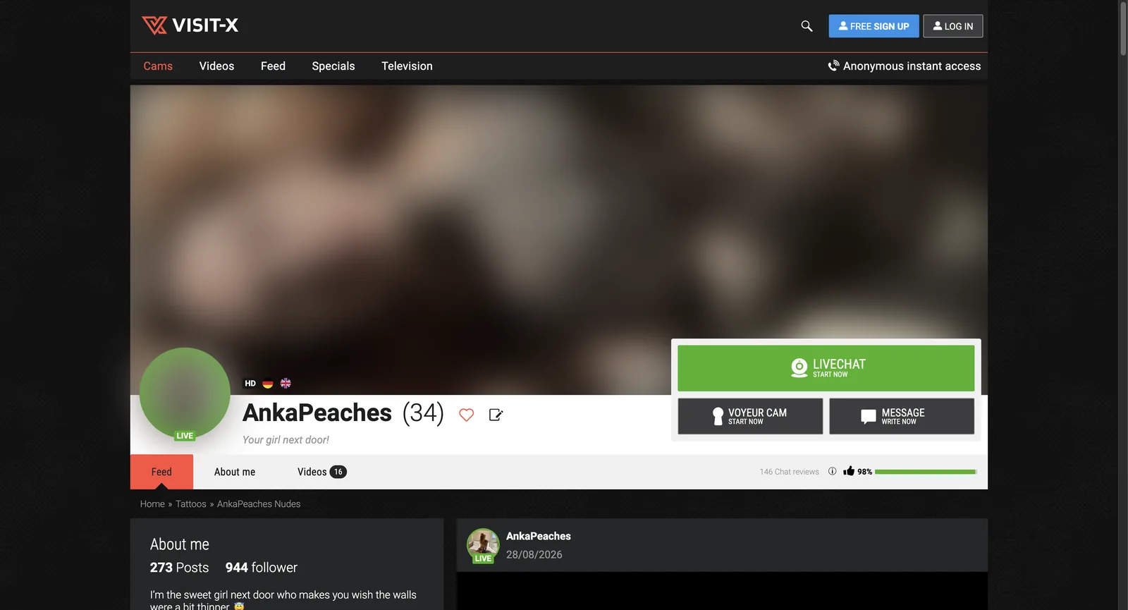 Visit-X performer profile with live chat, voyeur cam and message buttons, a video count, and a chat review bar reading 146 chat reviews at 98 percent