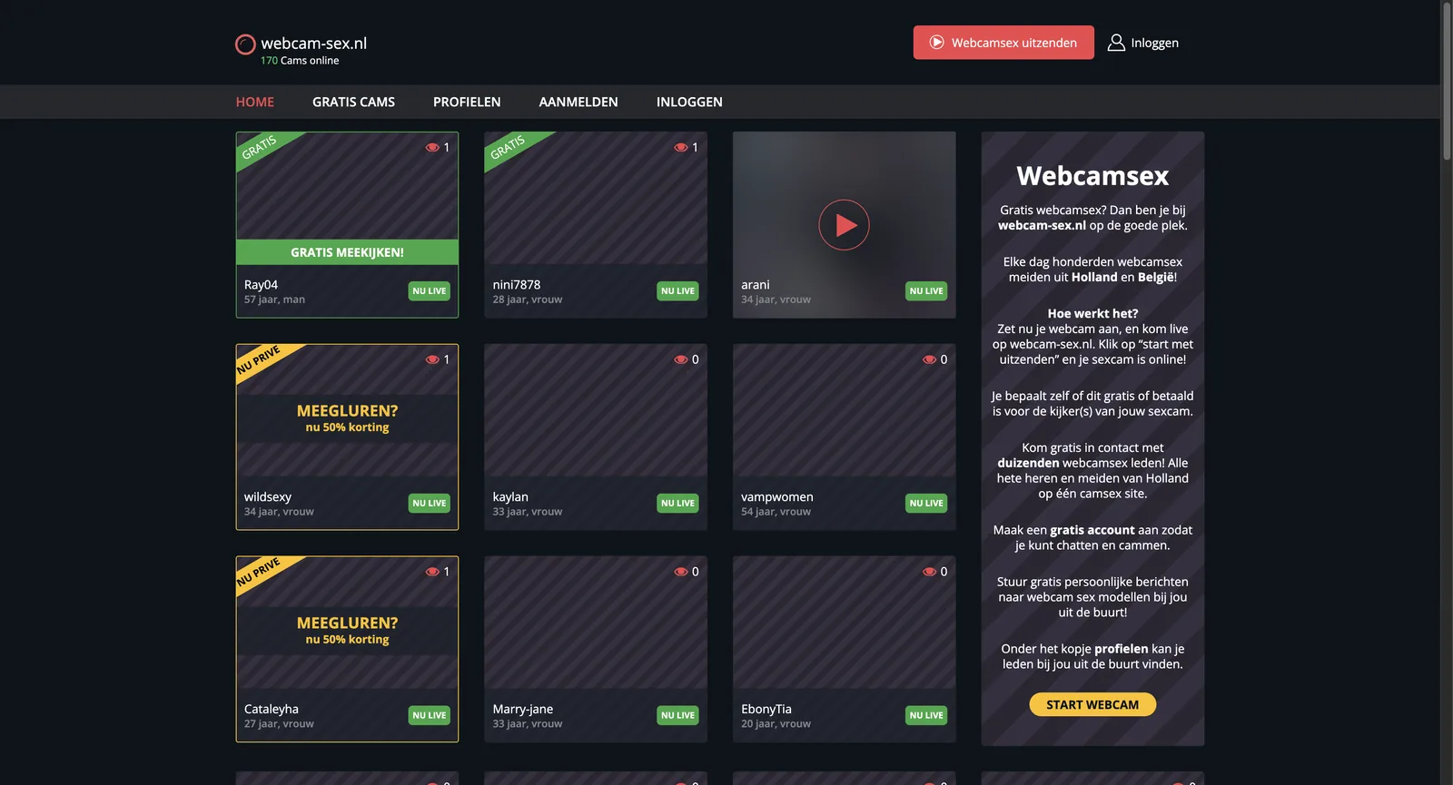 Webcam-sex.nl home page stating 170 cams online, with a grid where every live tile shows an empty striped placeholder instead of a thumbnail, each carrying a name, age, gender and a viewer count of zero or one