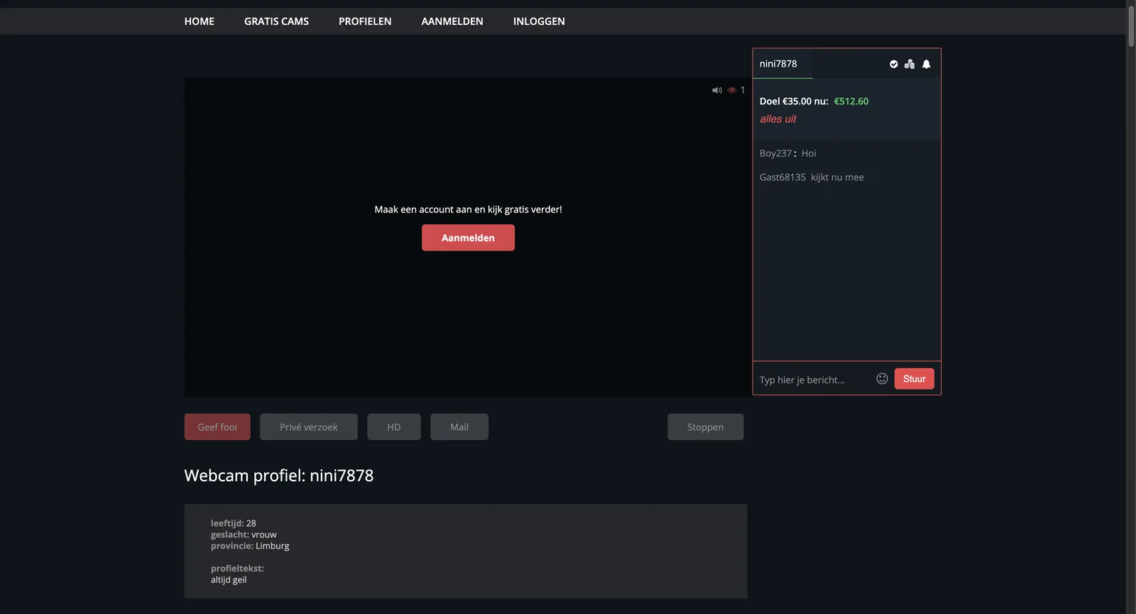 Webcam-sex.nl live profile showing a tip goal reading thirty five euros with five hundred and twelve euros sixty already received, an open chat panel with visible messages, and buttons for tipping, private requests, HD and mail