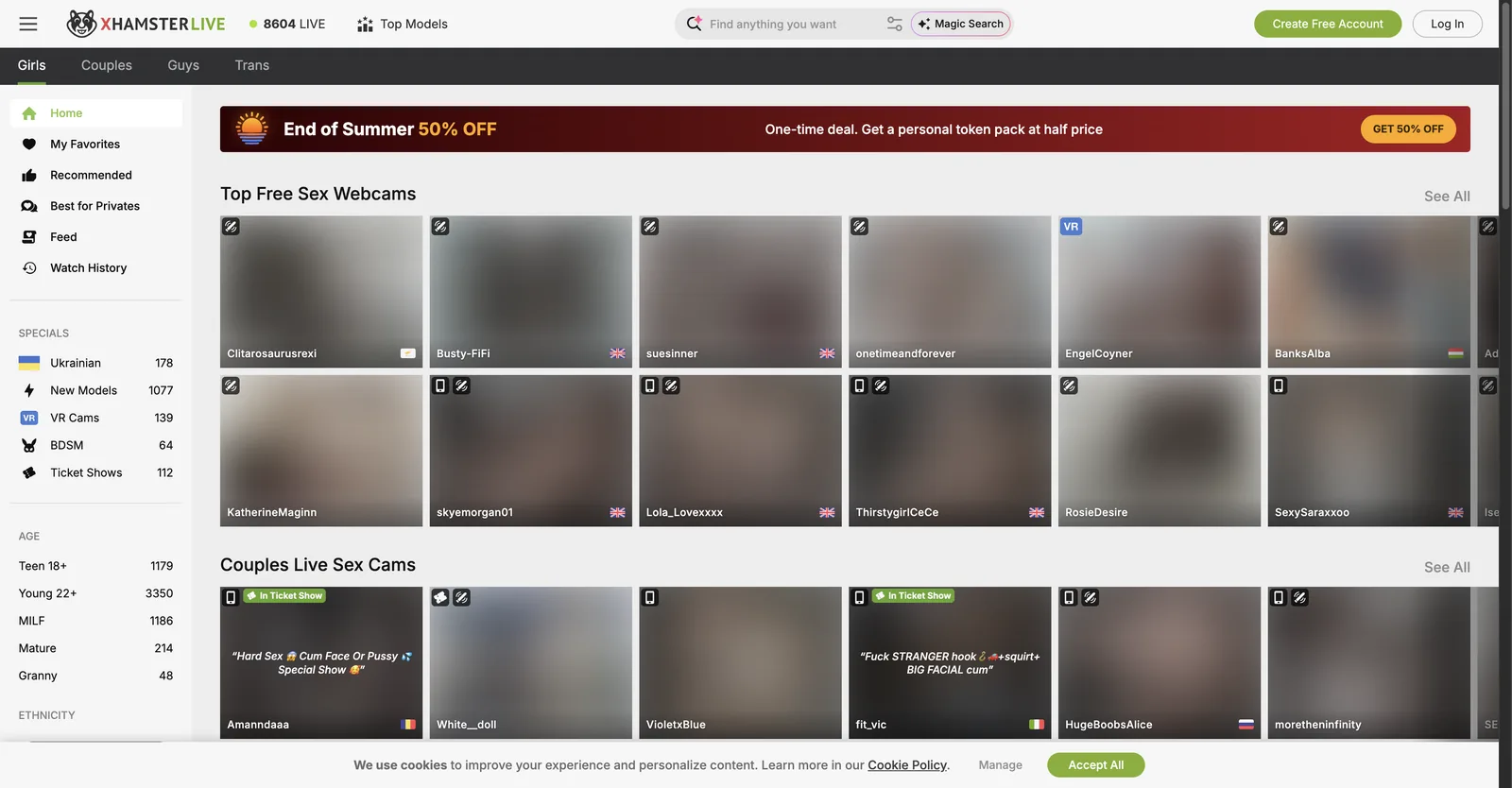 xHamsterLive home page with a live room counter, a half price token banner and rows of free webcam tiles beside a filter rail carrying live counts