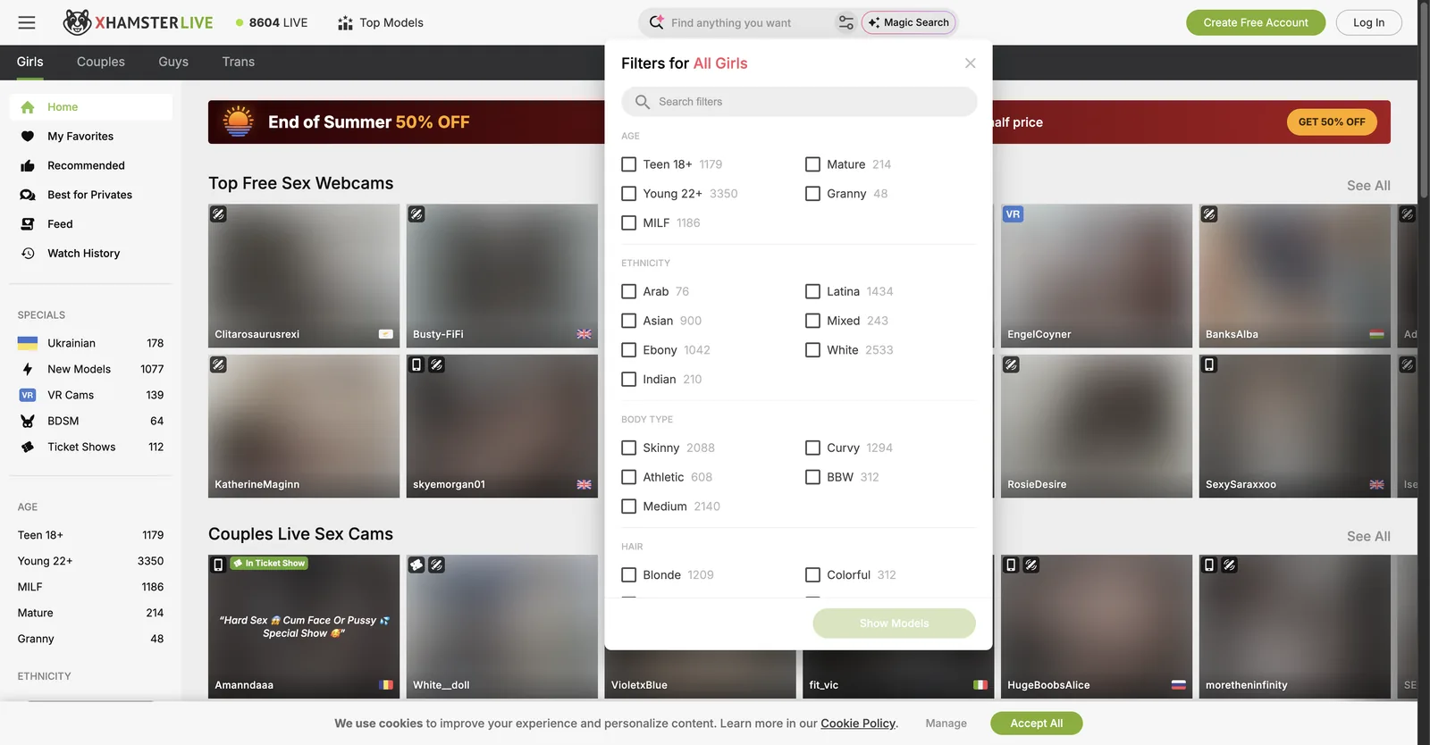 xHamsterLive filter panel listing age, ethnicity, body type, private show rate bands and device categories, each with a live count