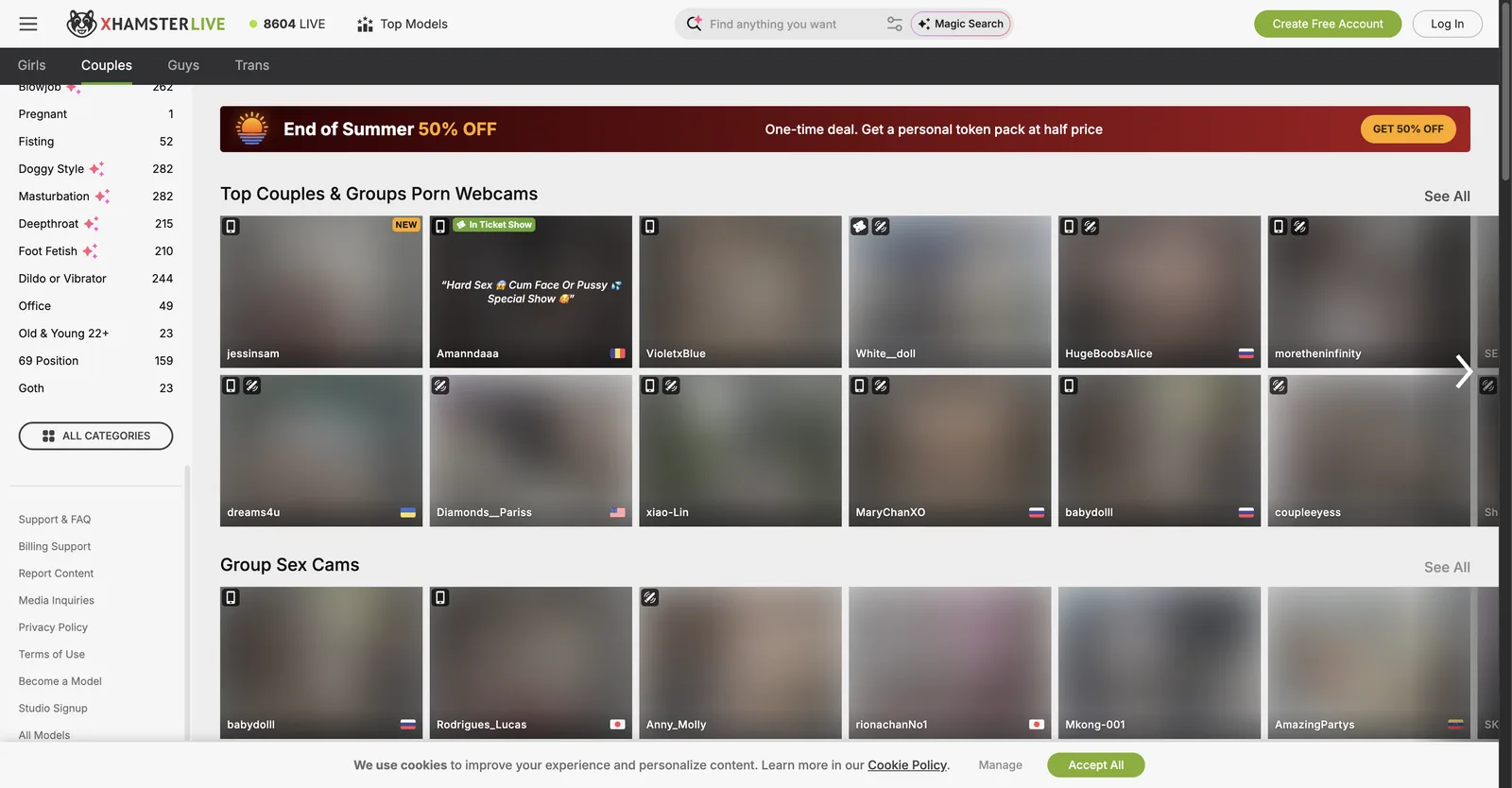 xHamsterLive couples tab showing top couples and group sex rows with a left rail of couple-specific categories