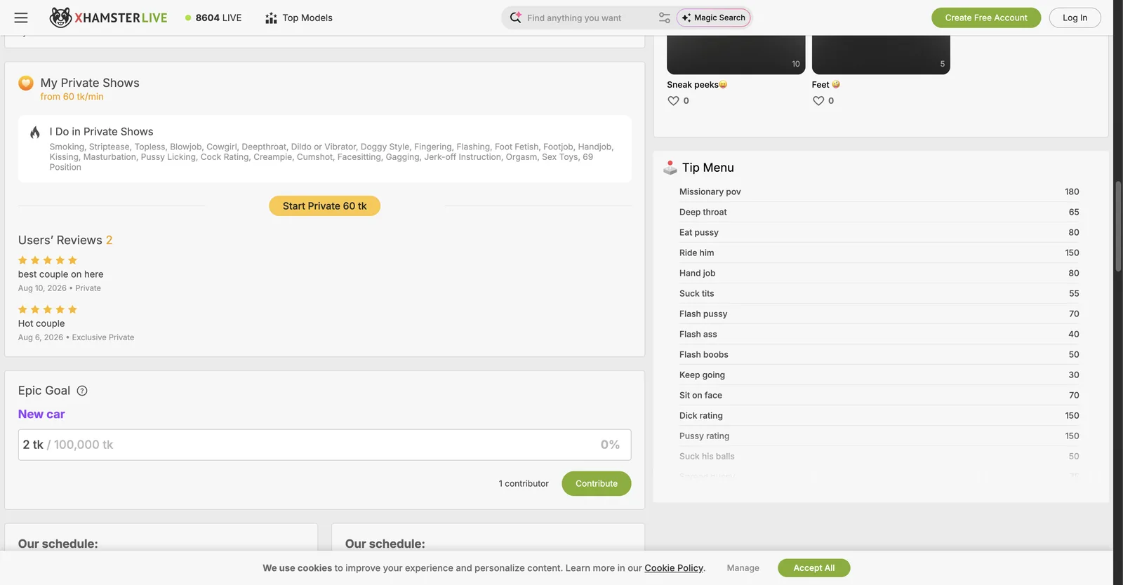 xHamsterLive model profile showing a private show rate, a list of what is included in private shows, dated user reviews tagged by show type, and a long term Epic Goal