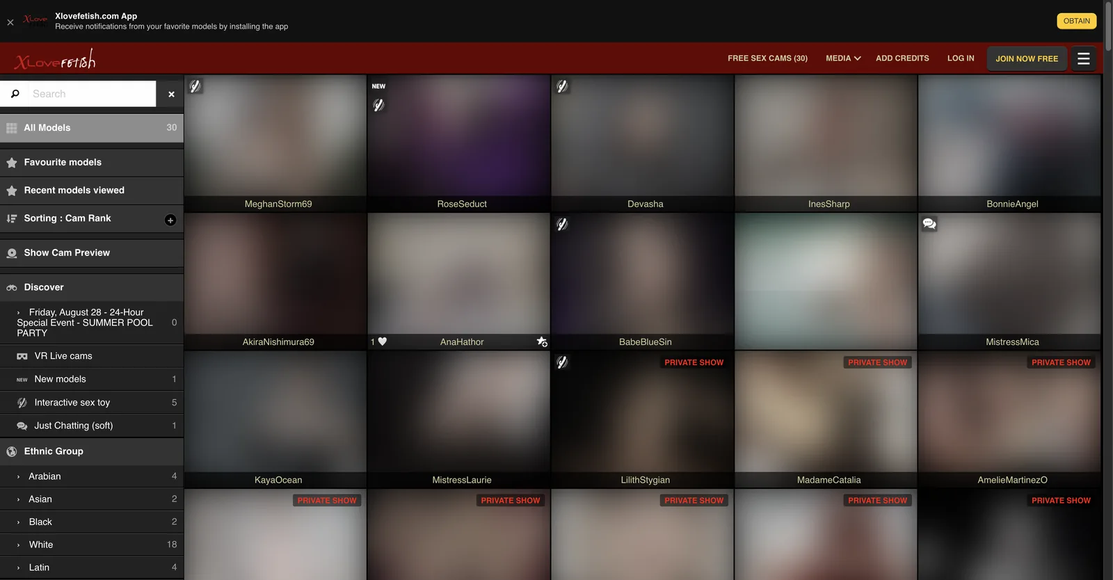 Xlovefetish grid with a left filter rail listing ethnic group, body type, hair colour and a Rates section of five credit bands, beside tiles marked PRIVATE SHOW