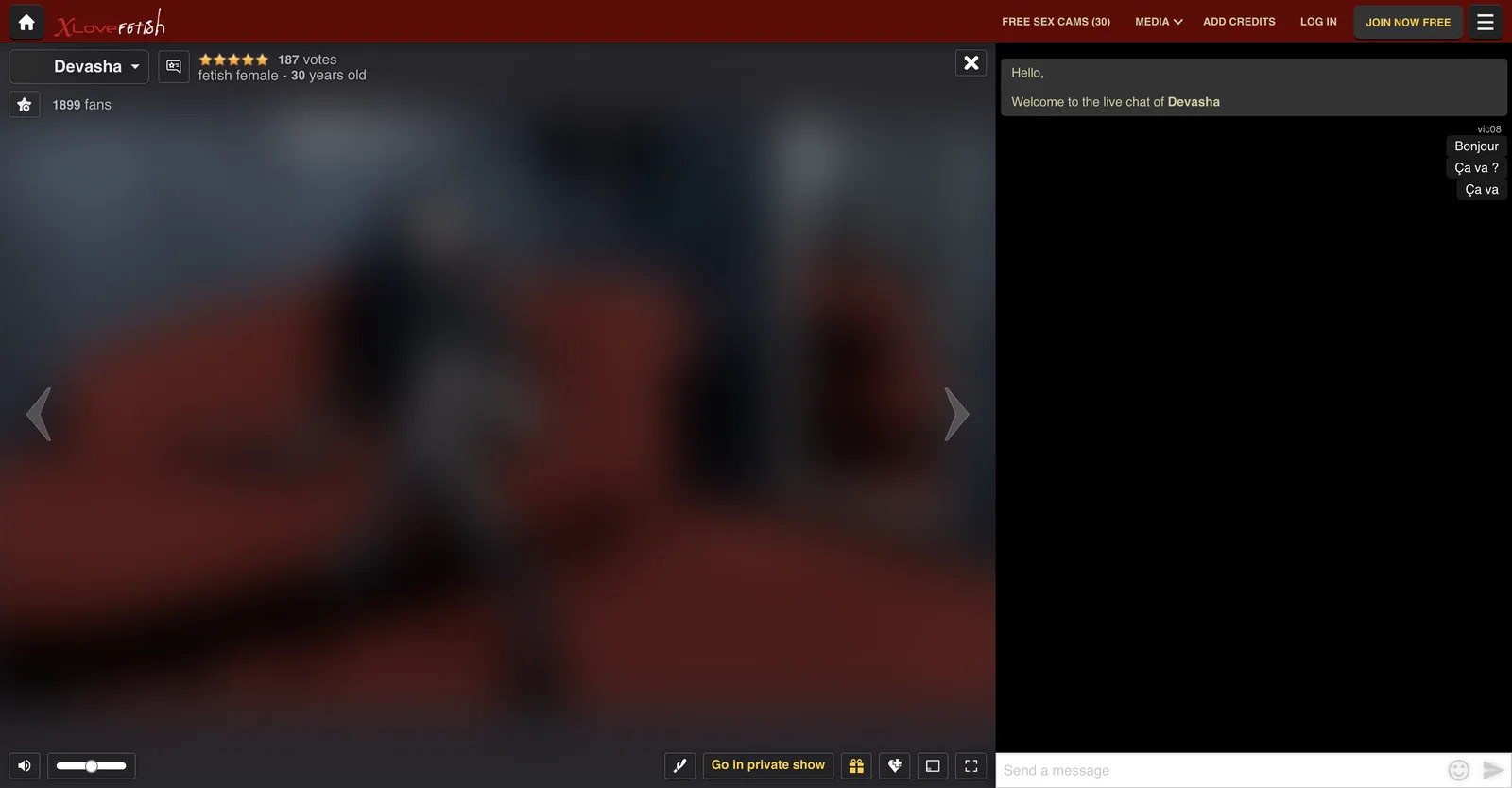 Xlovefetish room showing a star rating with a published vote count, a fan total, a Go in private show button with no price, and a working public chat