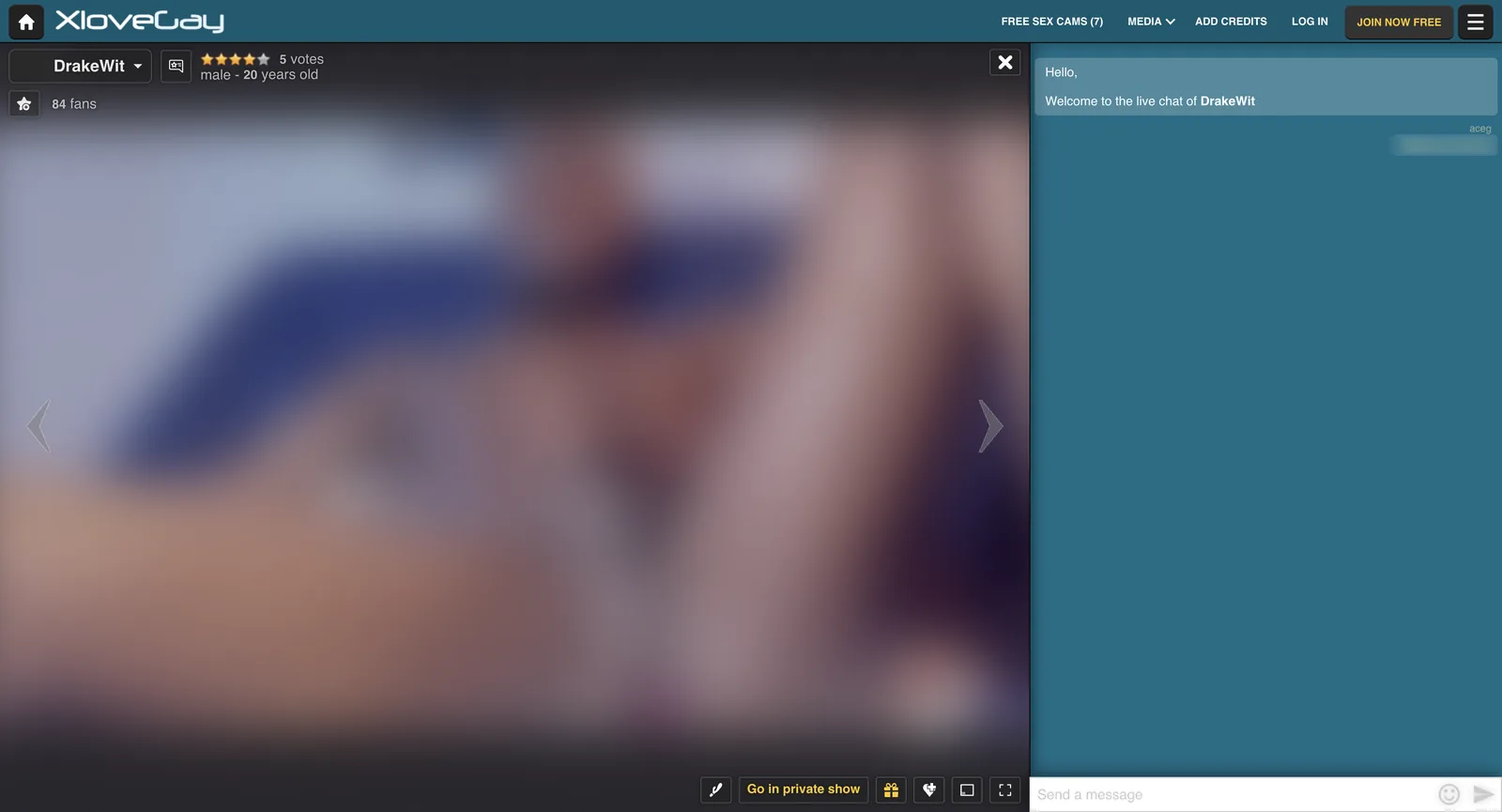 XLoveGay room page showing a vote count, gender, age and fan count above a masked stream, with a go in private show button, virtual gift and toy controls, and an open public chat panel