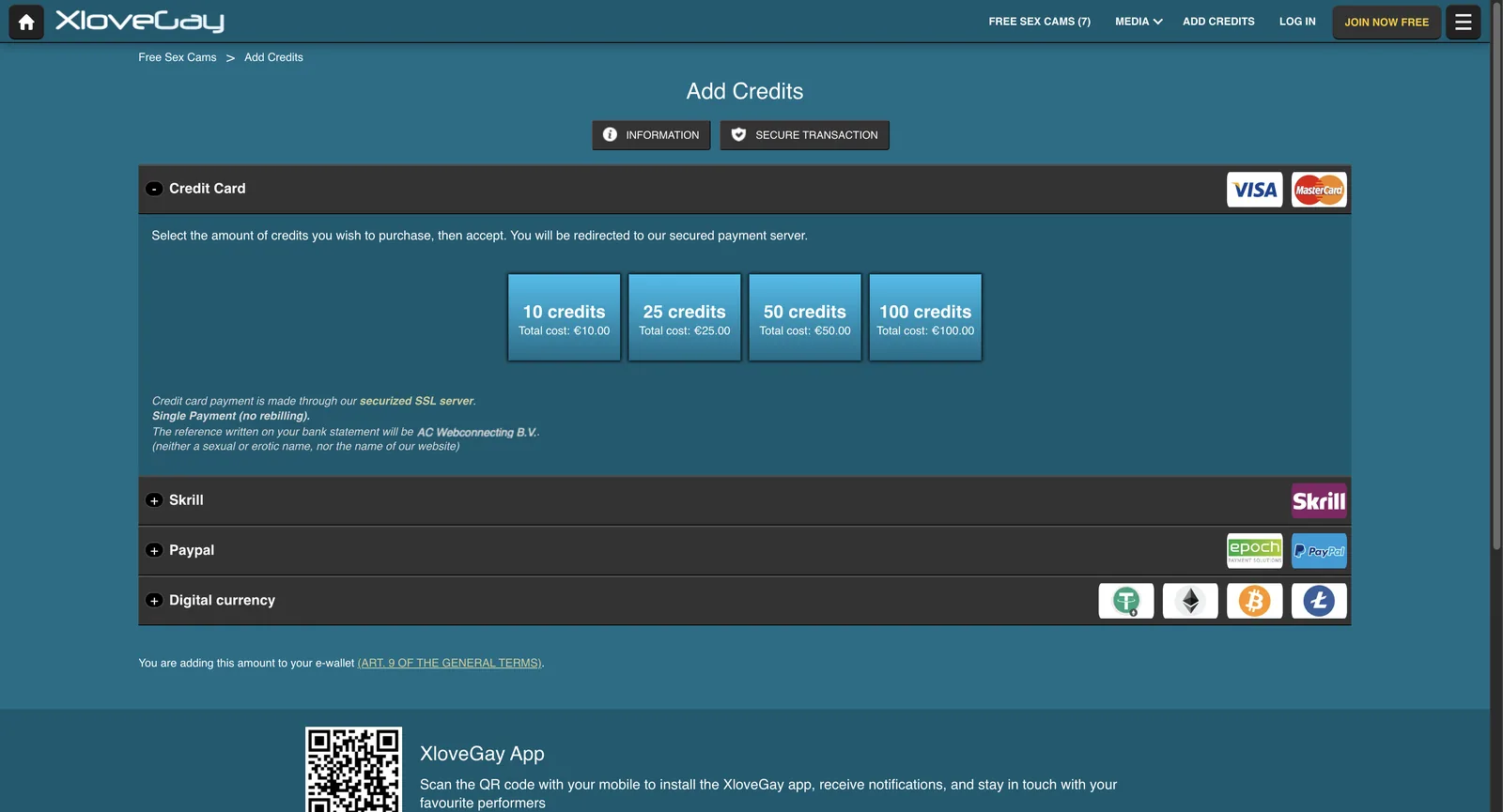 XLoveGay add credits page showing four packages at ten, twenty five, fifty and one hundred credits costing ten, twenty five, fifty and one hundred euros, with notes stating single payment with no rebilling and naming the discreet billing descriptor