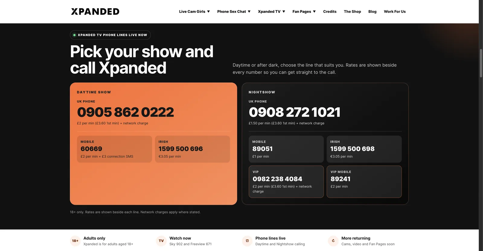 Xpanded phone card showing Daytime Show and Nightshow columns, each with UK landline, mobile shortcode and Irish numbers, and a per minute rate printed beside every number