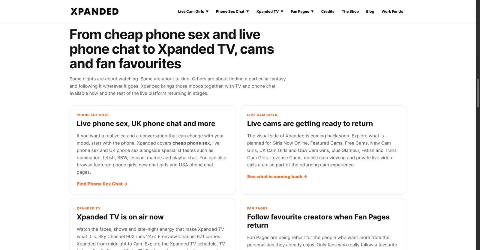Xpanded section cards covering phone sex chat, live cam girls, Xpanded TV and Fan Pages, with the cam and fan page cards written entirely in the future tense