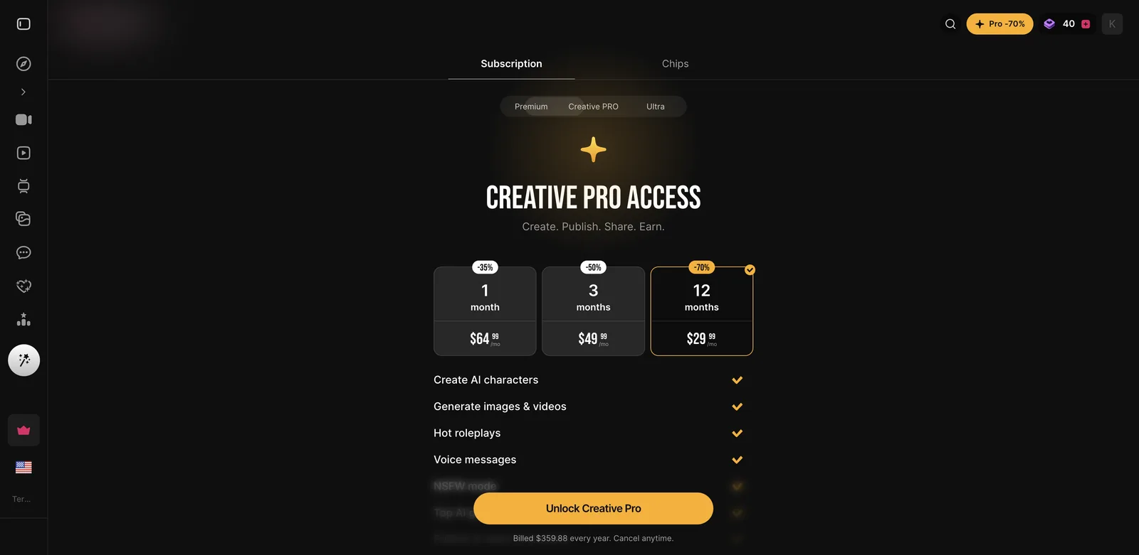 XTease.ai Creative PRO pricing identical to Lovescape but without referral earnings in the feature list