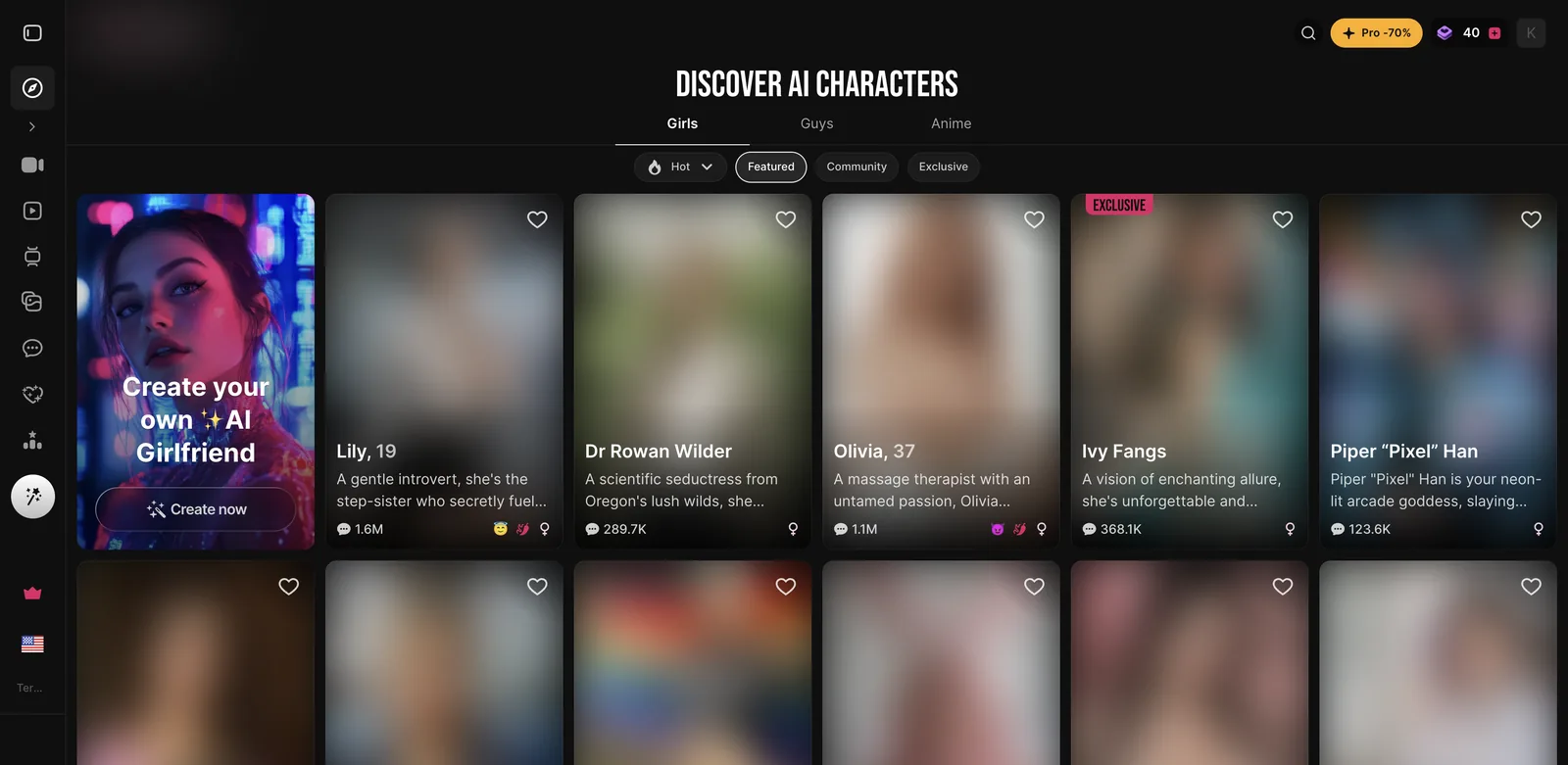 XTease.ai Discover page with the same character roster, bios and chat counts as Lovescape