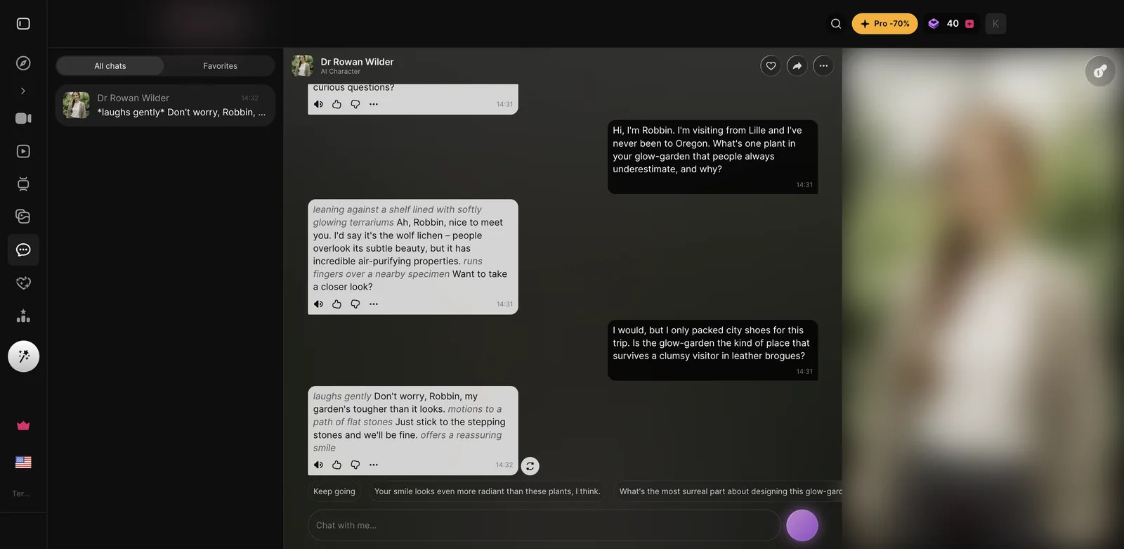 XTease.ai chat window showing a conversation that was started on Lovescape under the same account