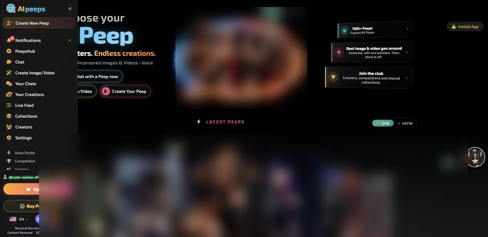 AI Peeps home page with Choose your AI Peep header, SFW and NSFW switch and sidebar